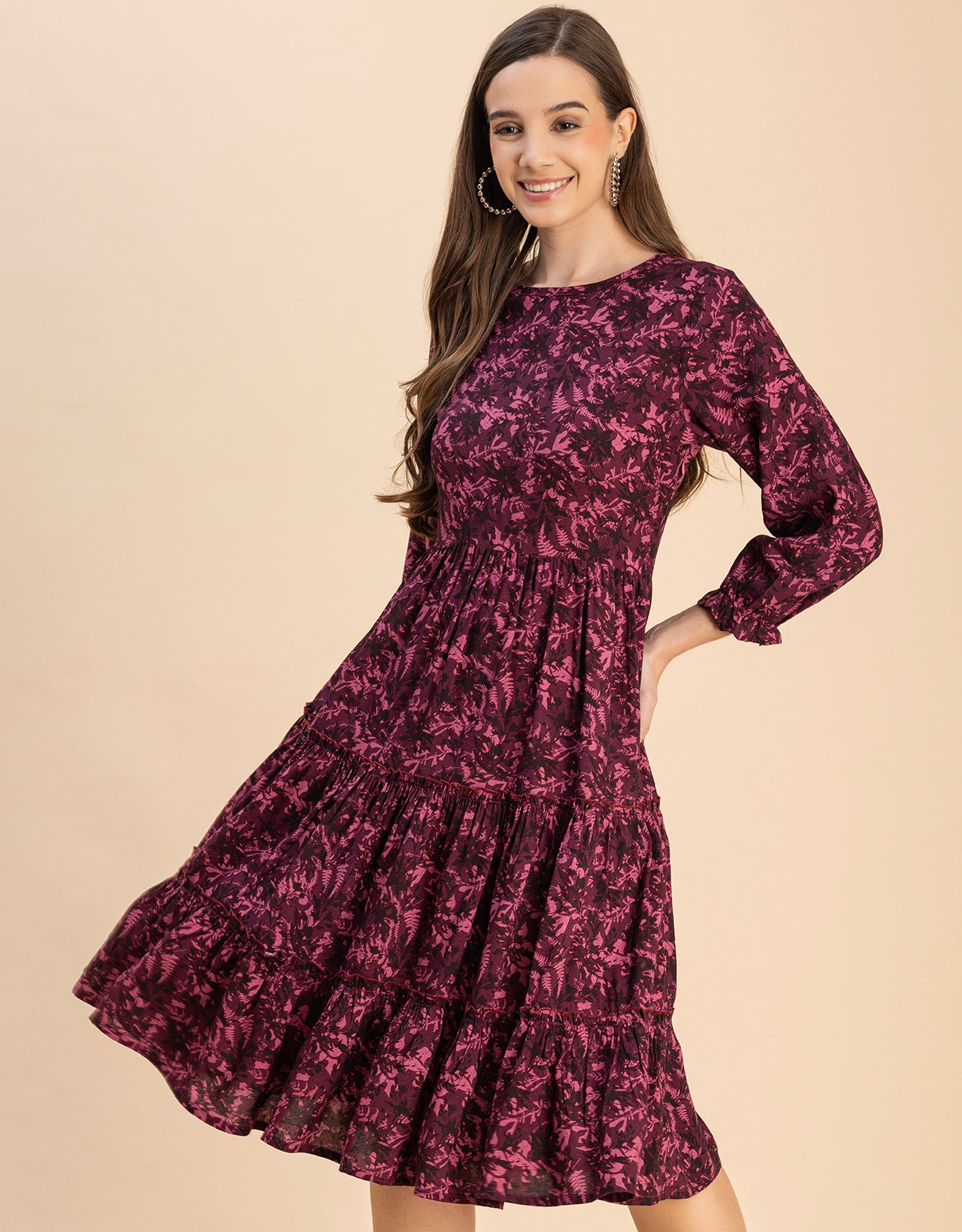 Long Sleeves Round Neck Printed Rayon Dress