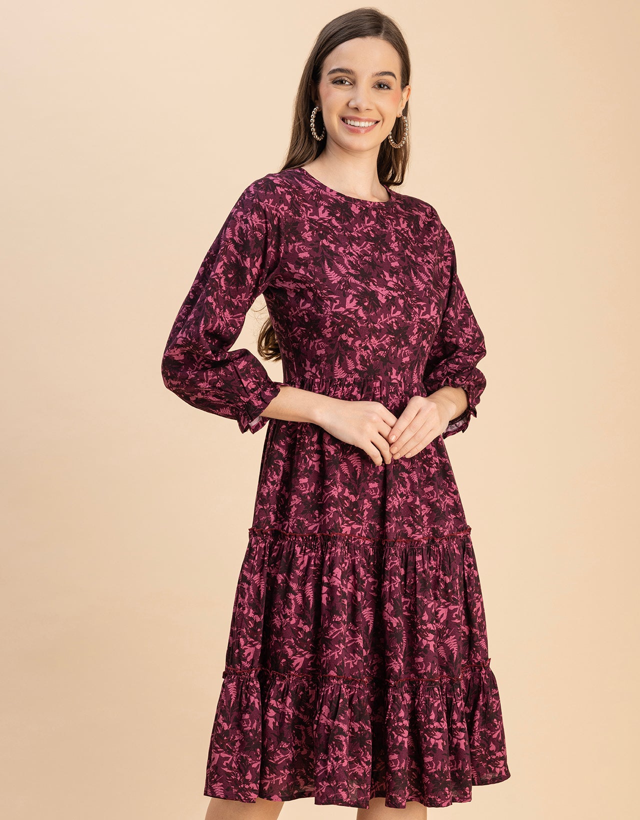 Long Sleeves Round Neck Printed Rayon Dress