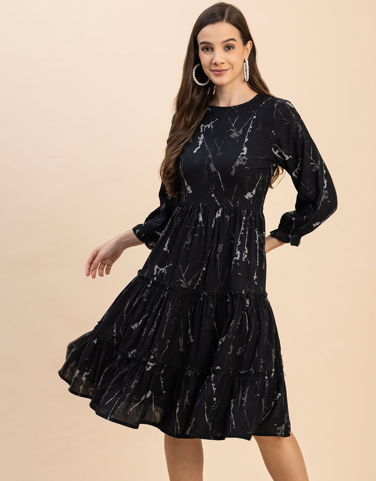 Long Sleeves Round Neck Printed Rayon Dress