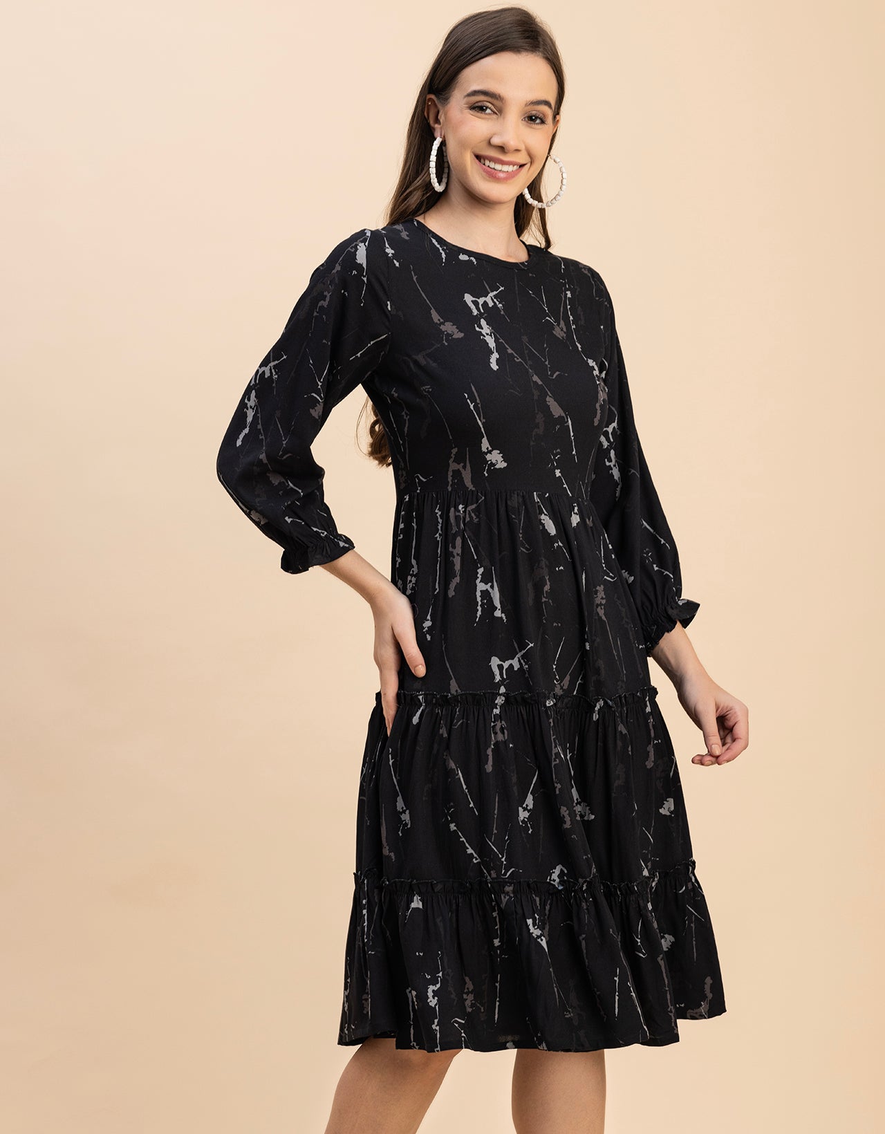 Long Sleeves Round Neck Printed Rayon Dress
