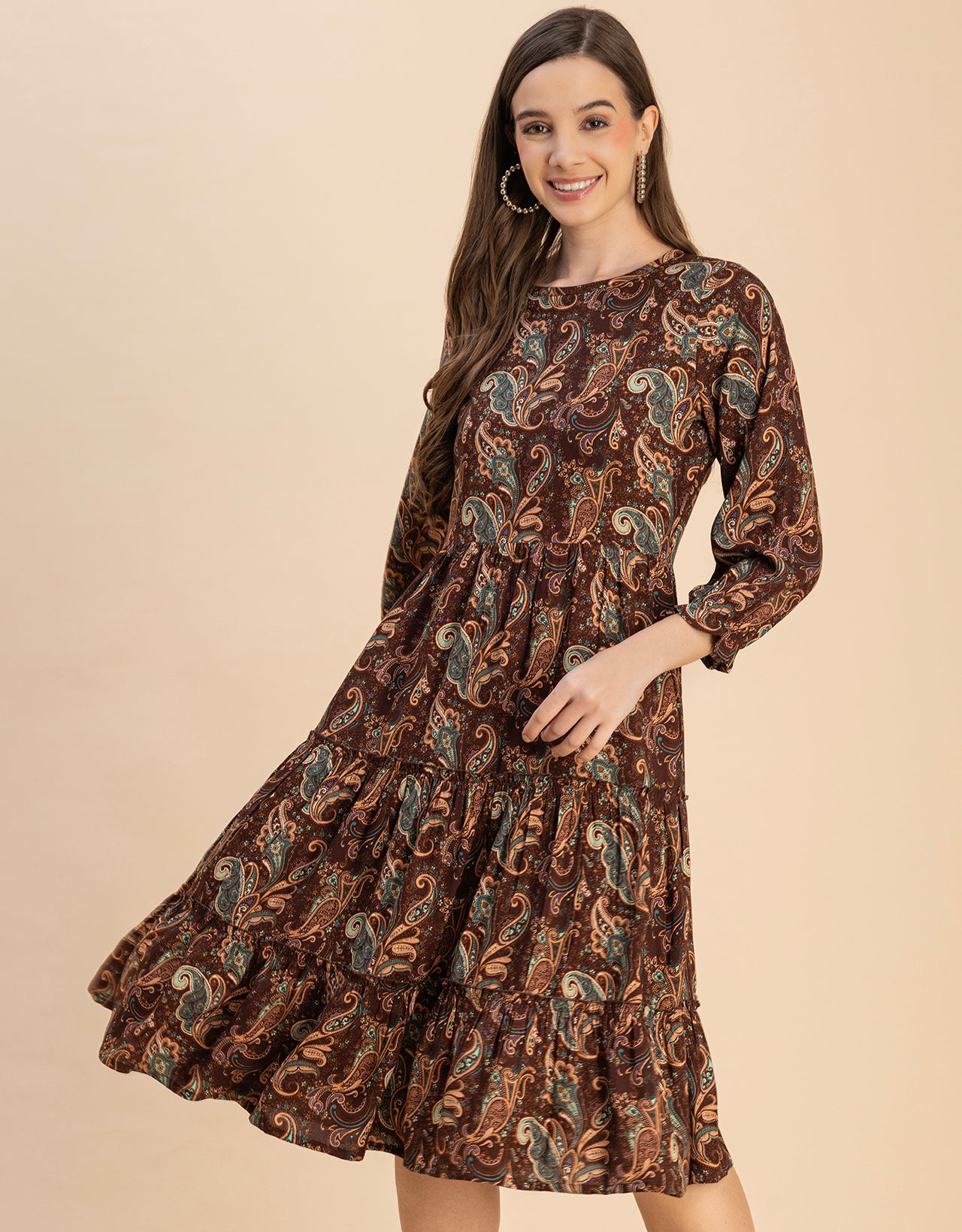 Long Sleeves Round Neck Printed Rayon Dress