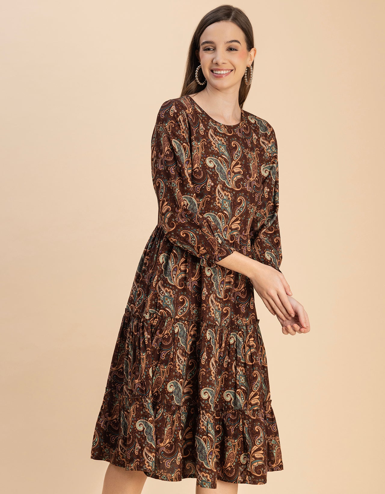 Long Sleeves Round Neck Printed Rayon Dress