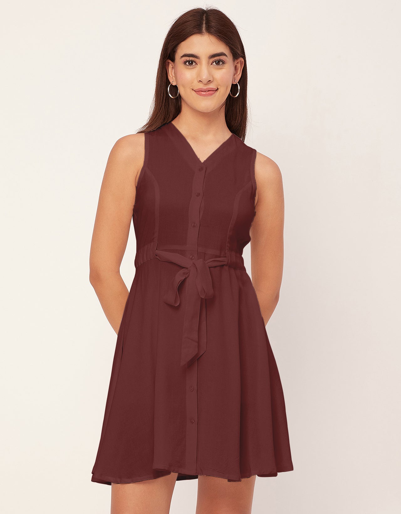 V Neck Rayon Sleeveless Fit And Flare Dress