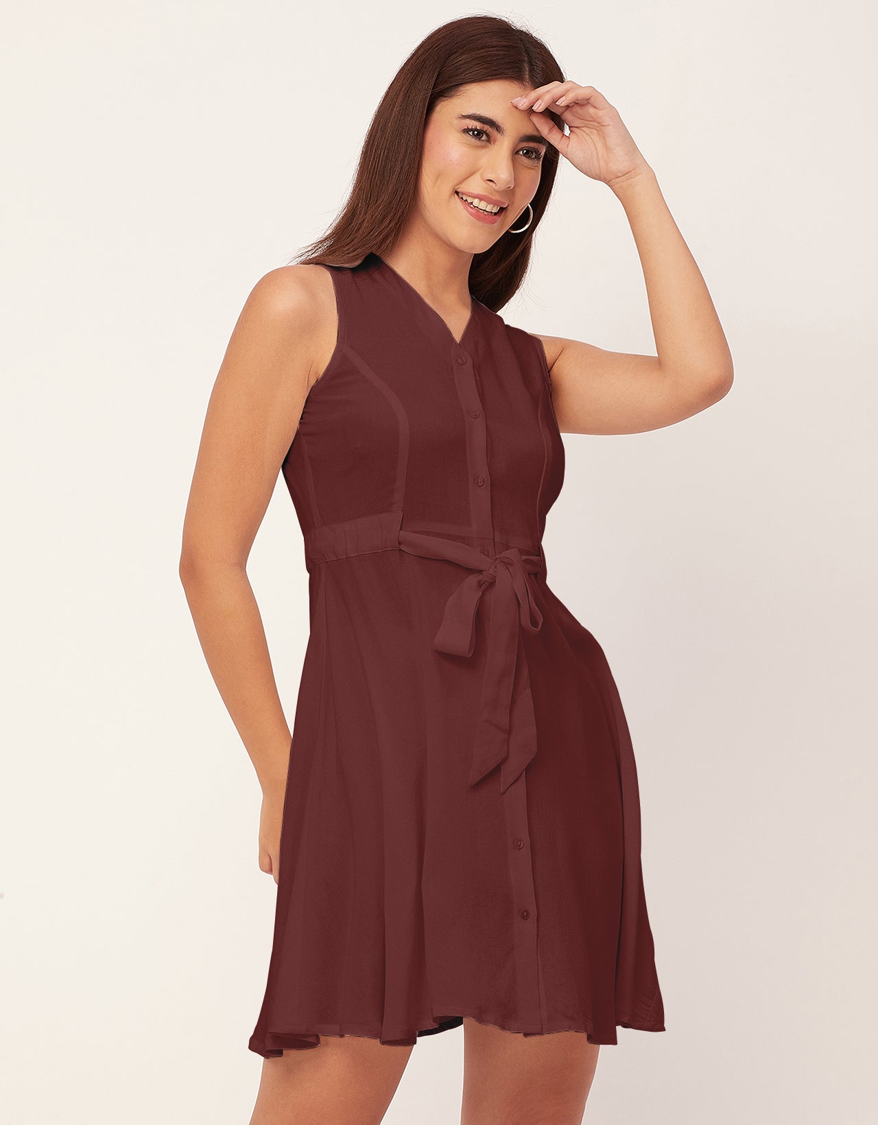 V Neck Rayon Sleeveless Fit And Flare Dress