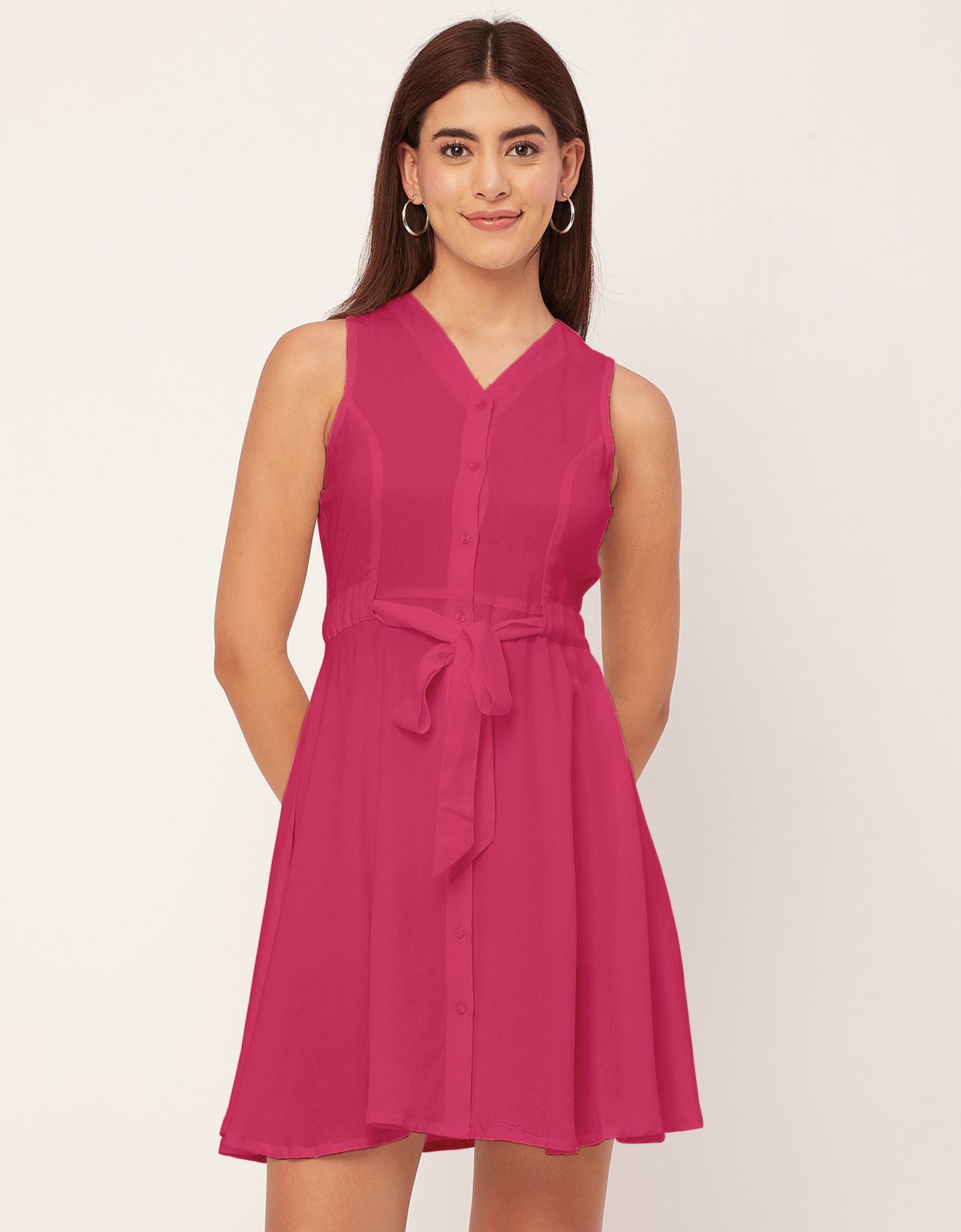 V Neck Rayon Sleeveless Fit And Flare Dress