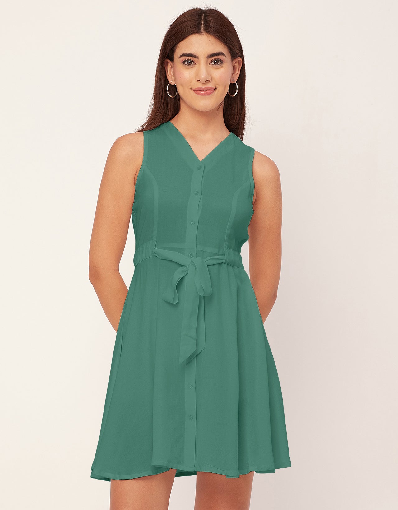 V Neck Rayon Sleeveless Fit And Flare Dress