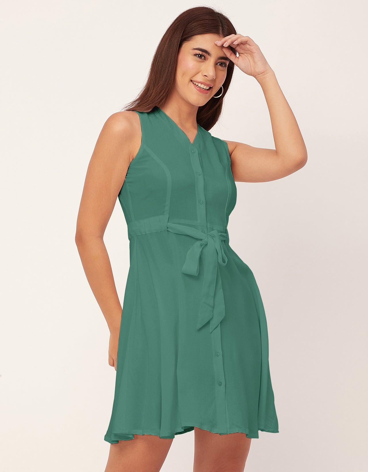 V Neck Rayon Sleeveless Fit And Flare Dress