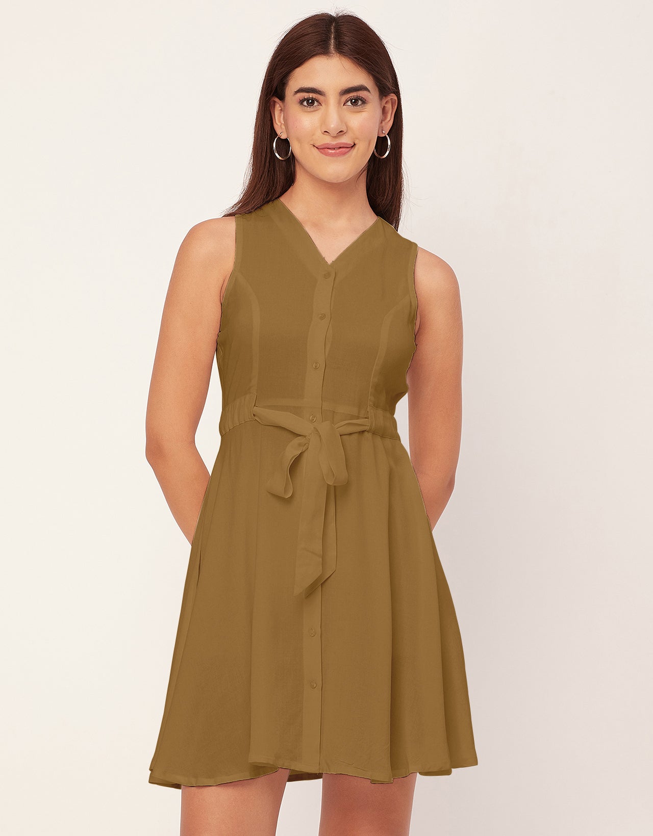 V Neck Rayon Sleeveless Fit And Flare Dress