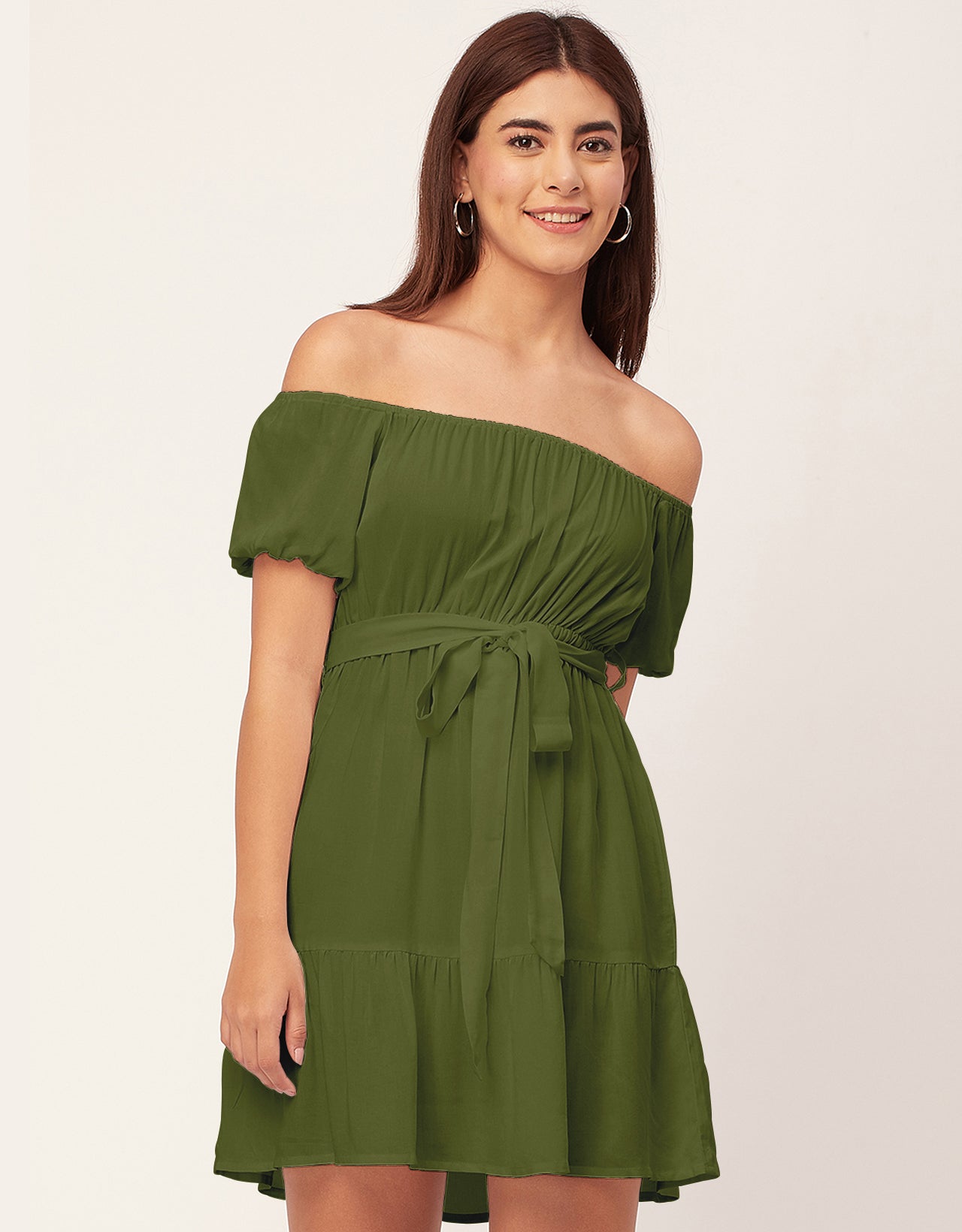 Off Shoulder Solid Rayon Gathered Dress