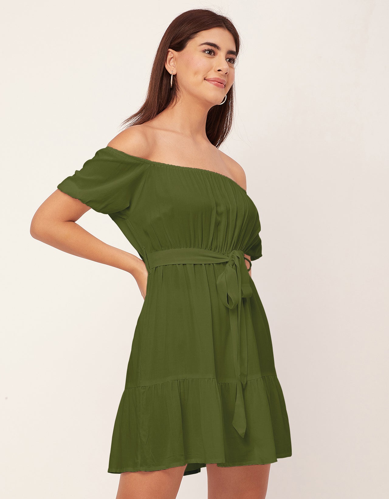 Off Shoulder Solid Rayon Gathered Dress