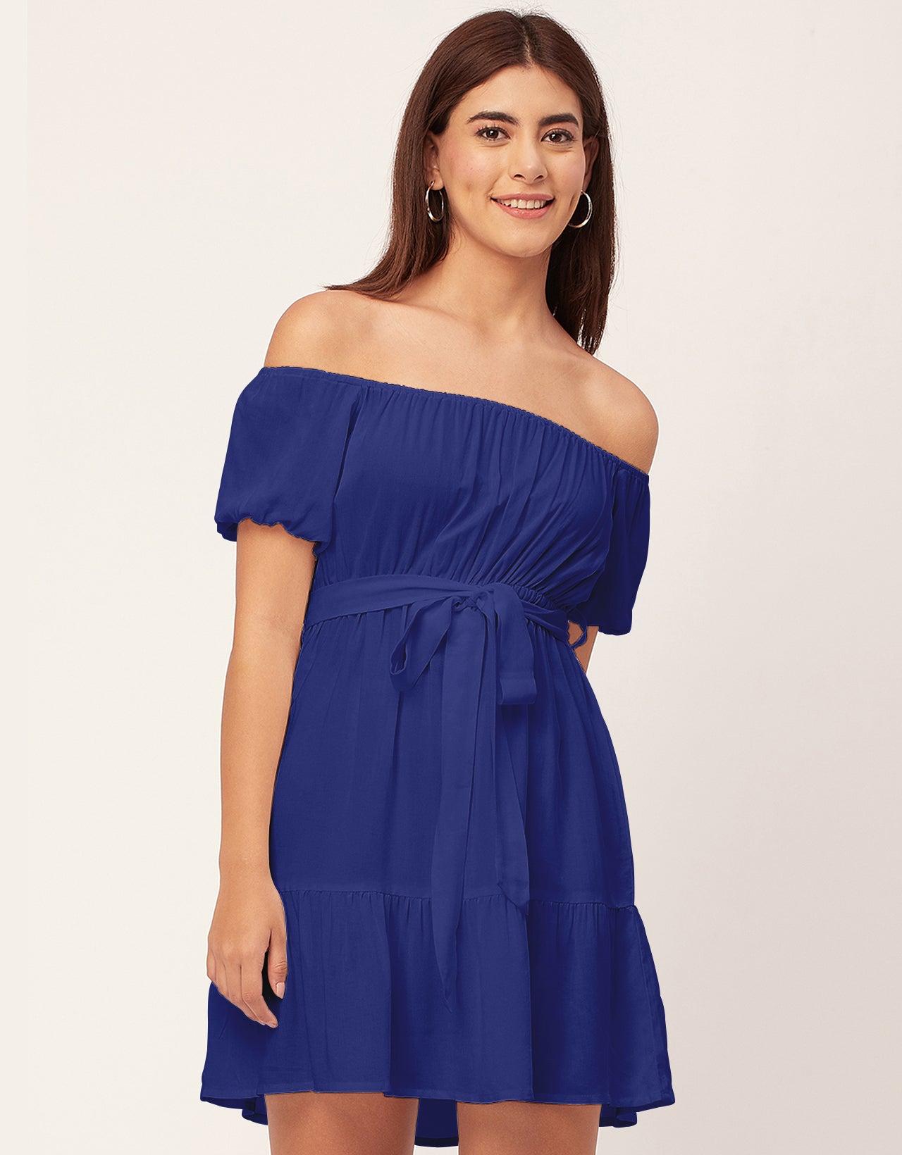 Off Shoulder Solid Rayon Gathered Dress