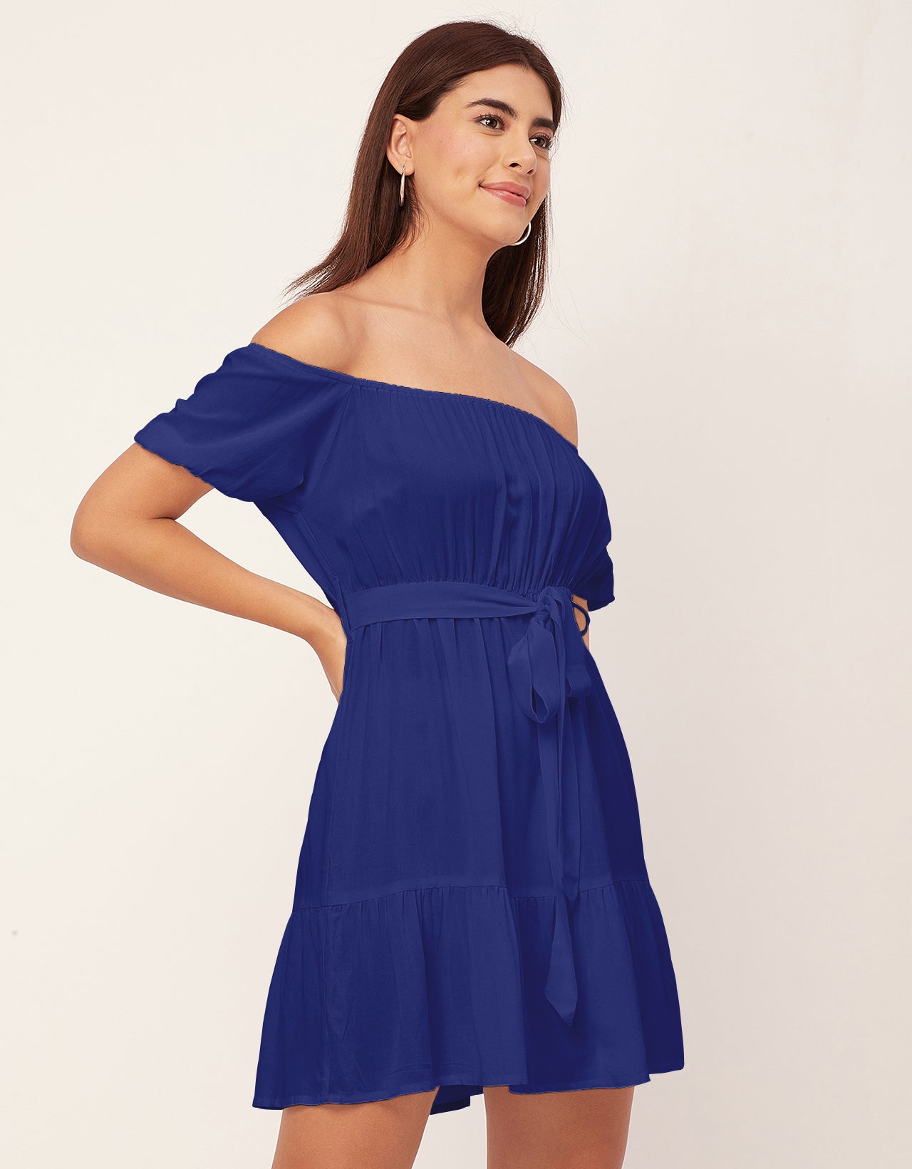 Off Shoulder Solid Rayon Gathered Dress