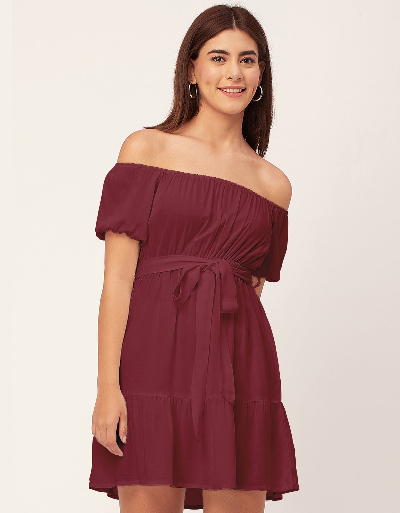 Off Shoulder Solid Rayon Gathered Dress