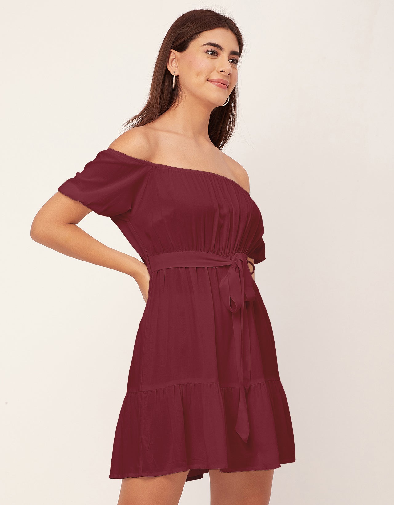 Off Shoulder Solid Rayon Gathered Dress