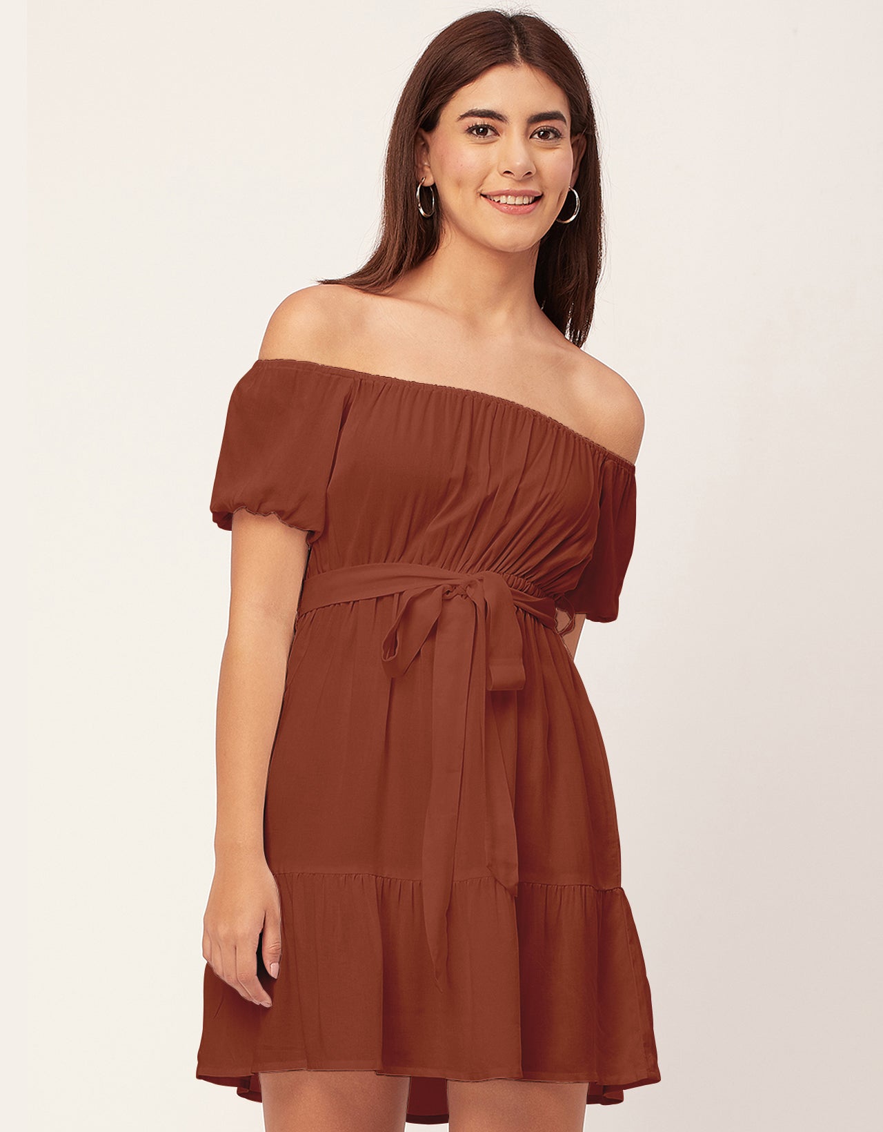 Off Shoulder Solid Rayon Gathered Dress