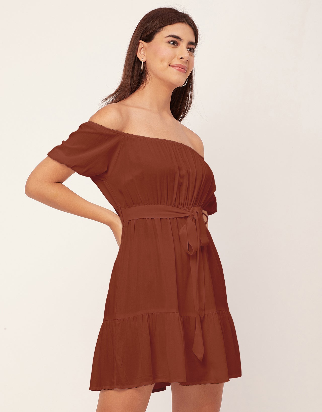 Off Shoulder Solid Rayon Gathered Dress
