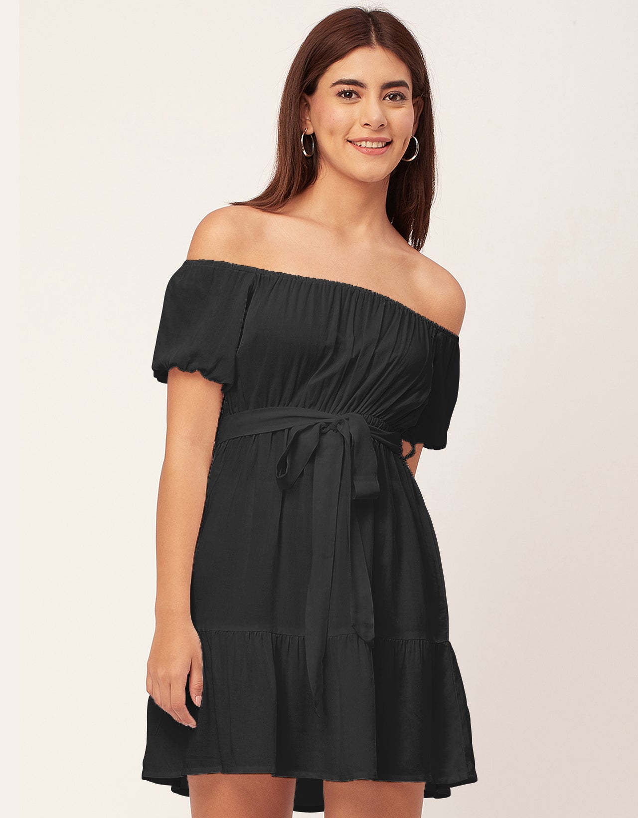 Off Shoulder Solid Rayon Gathered Dress