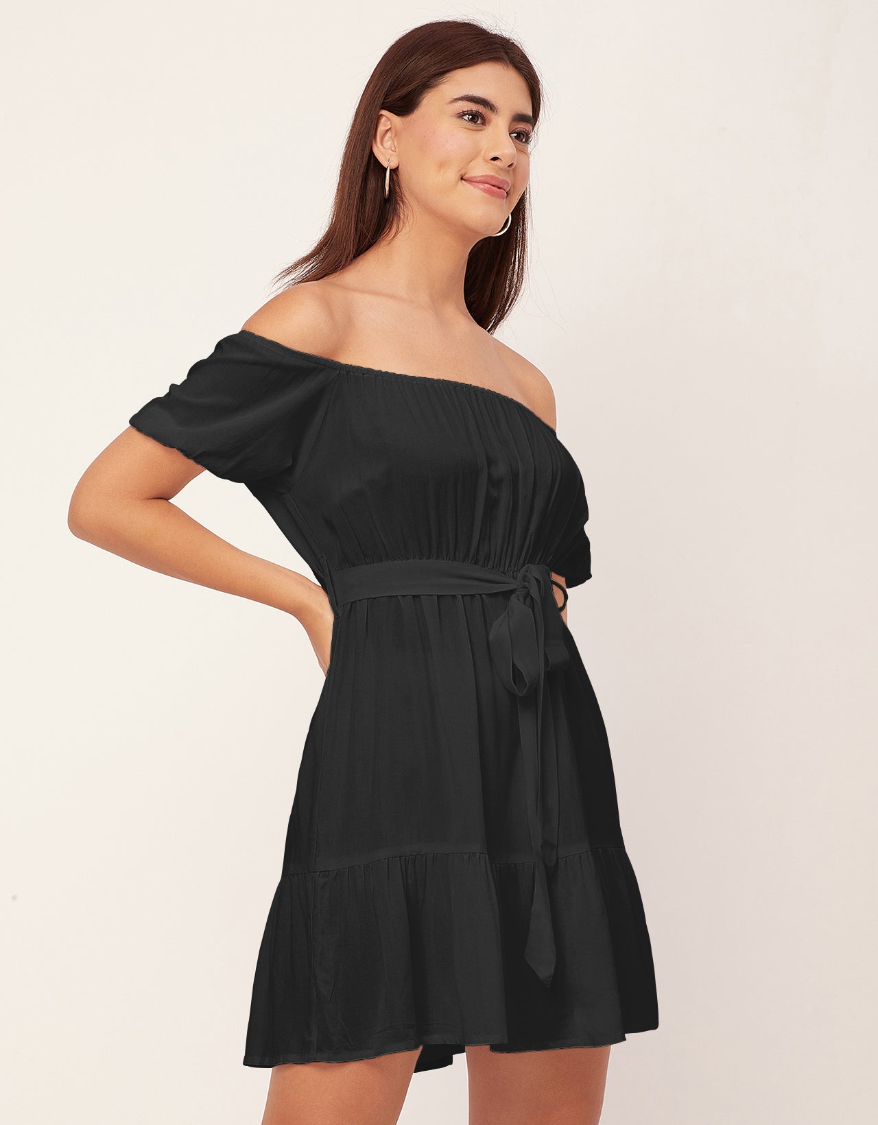 Off Shoulder Solid Rayon Gathered Dress