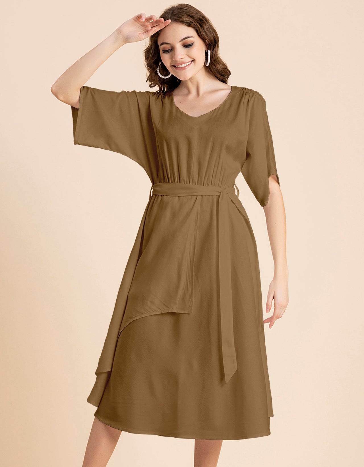 V Neck Solid Rayon Short Sleeve Maxi Dress