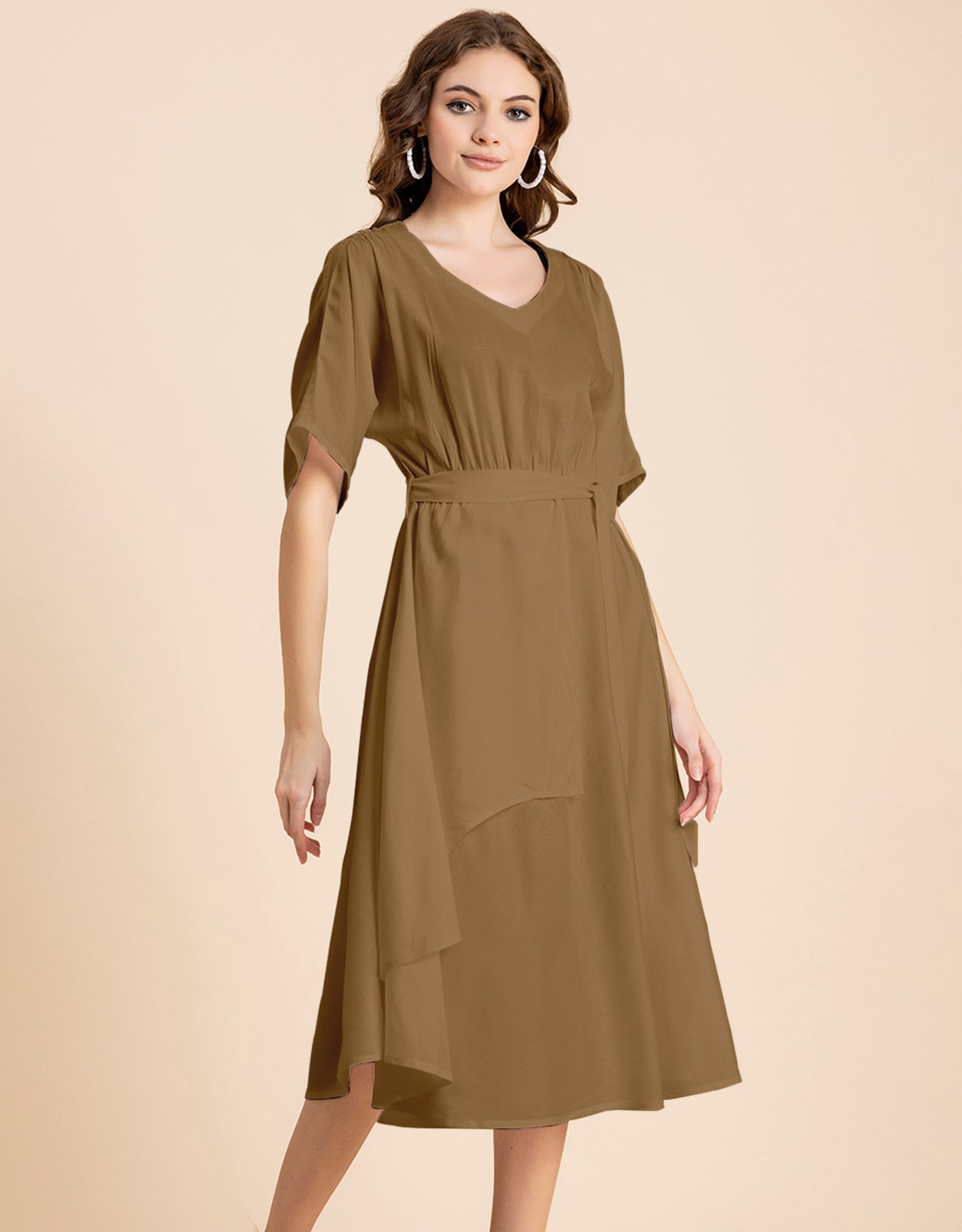 V Neck Solid Rayon Short Sleeve Maxi Dress