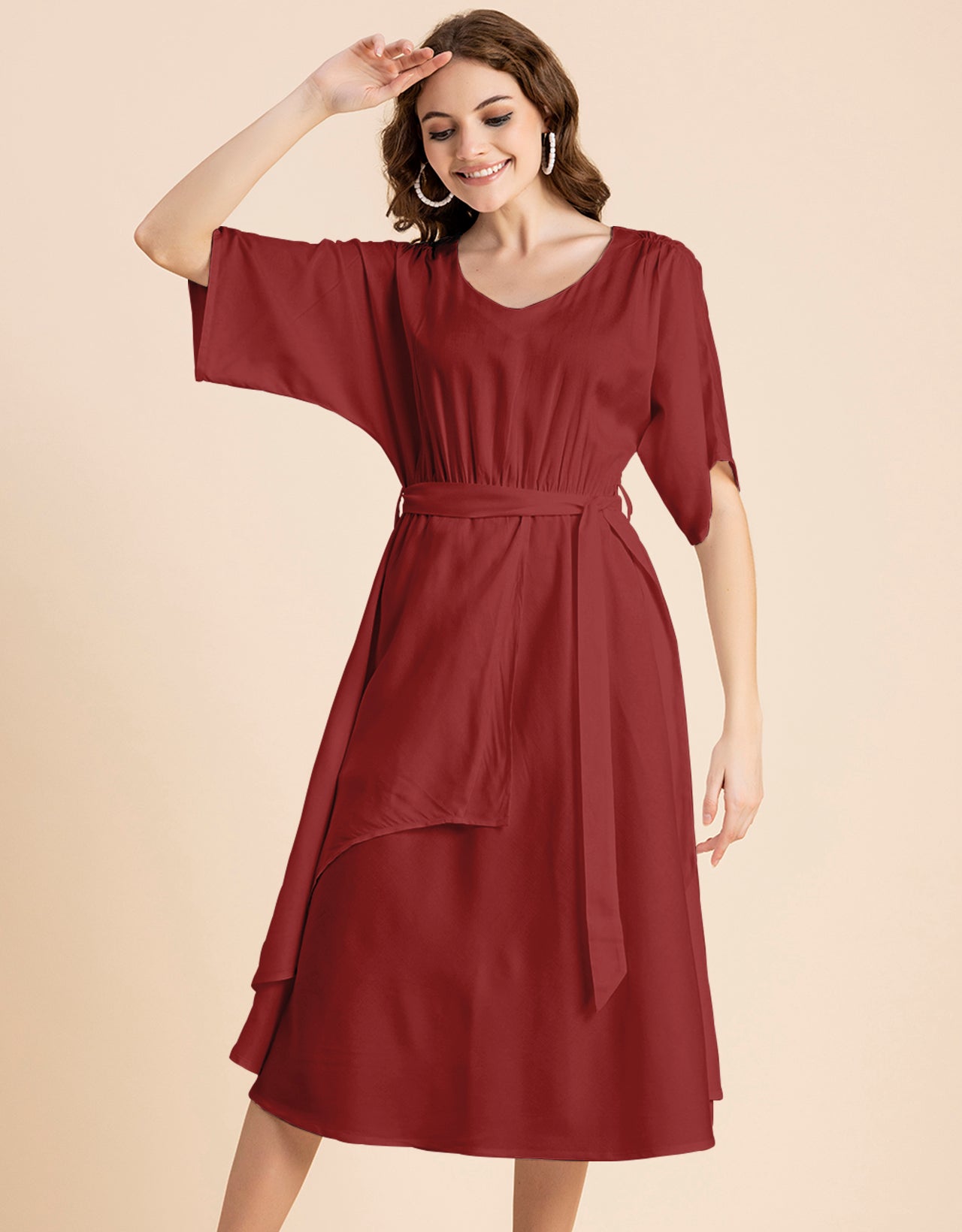 V Neck Solid Rayon Short Sleeve Maxi Dress