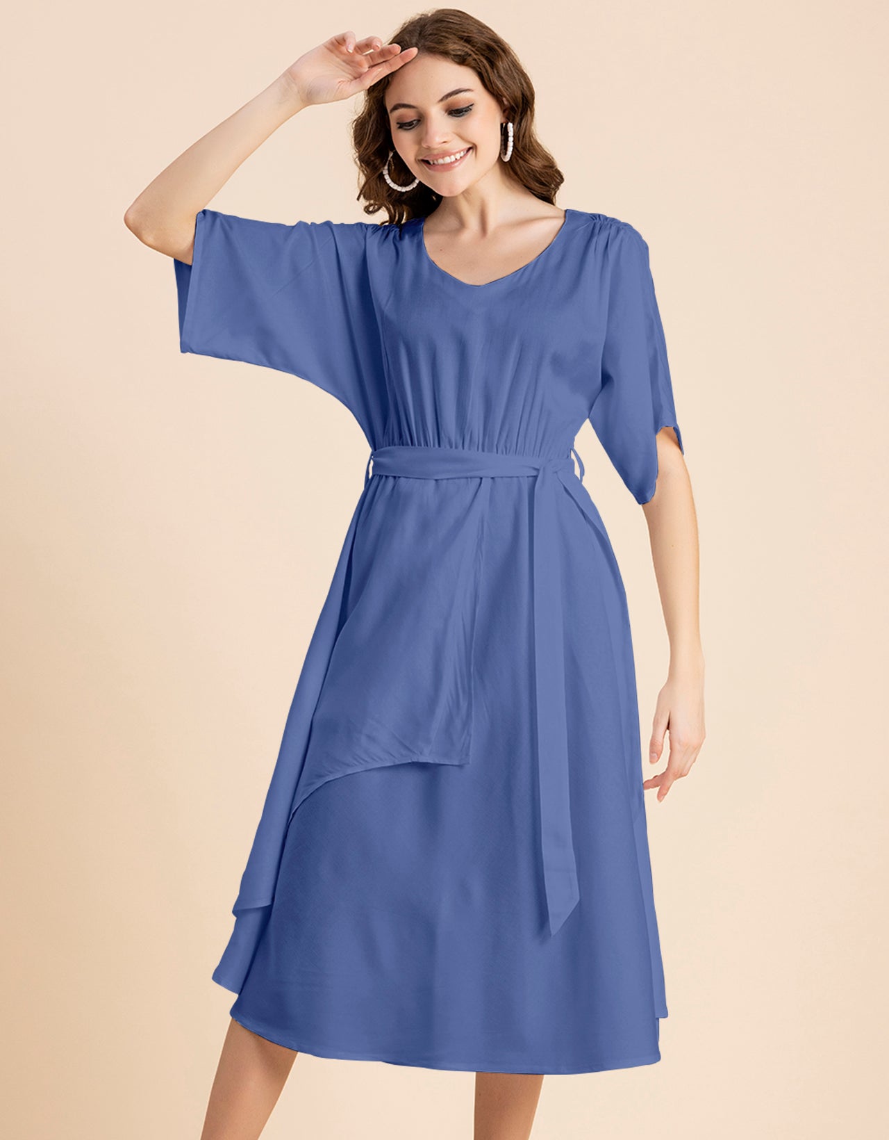 V Neck Solid Rayon Short Sleeve Maxi Dress