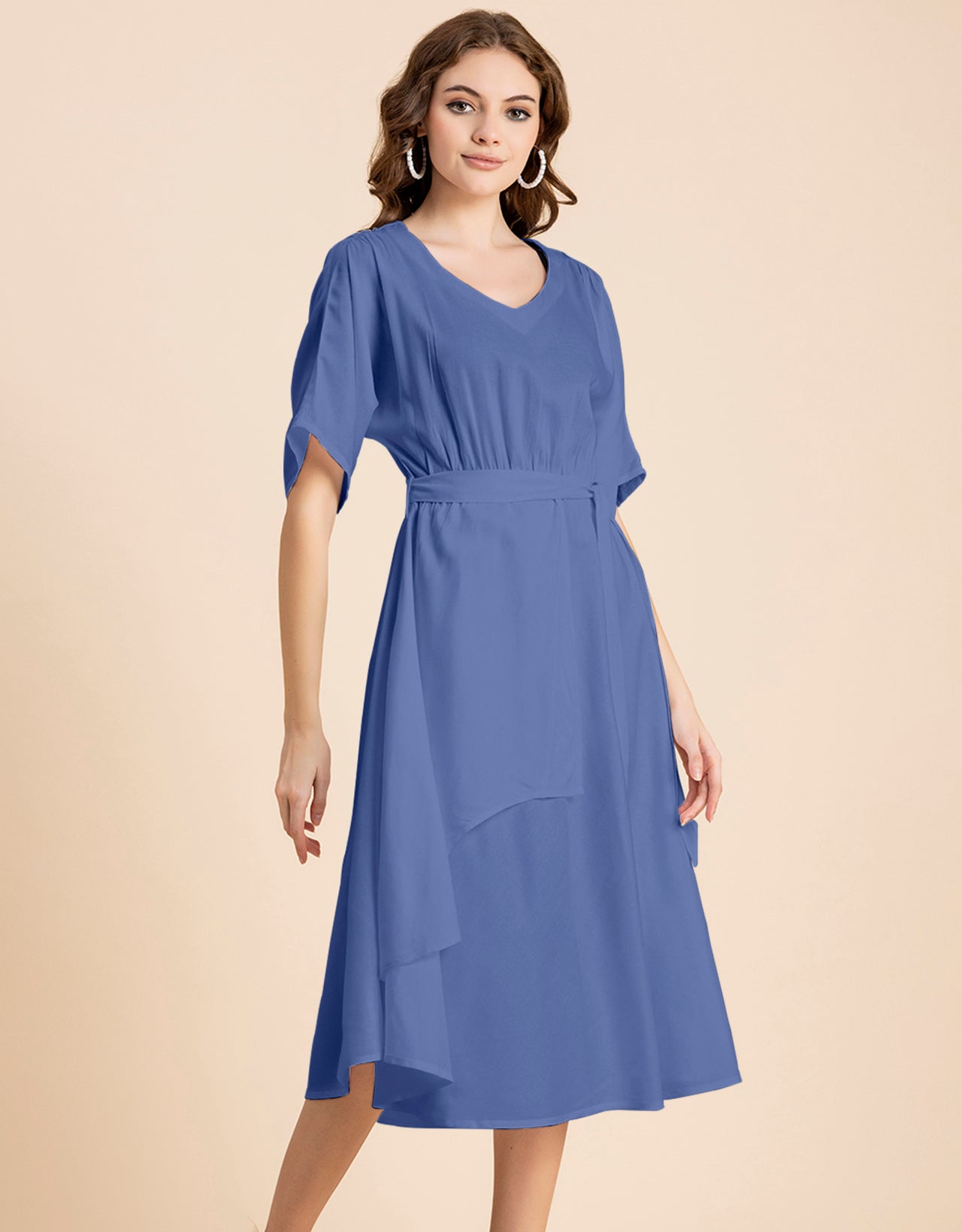 V Neck Solid Rayon Short Sleeve Maxi Dress