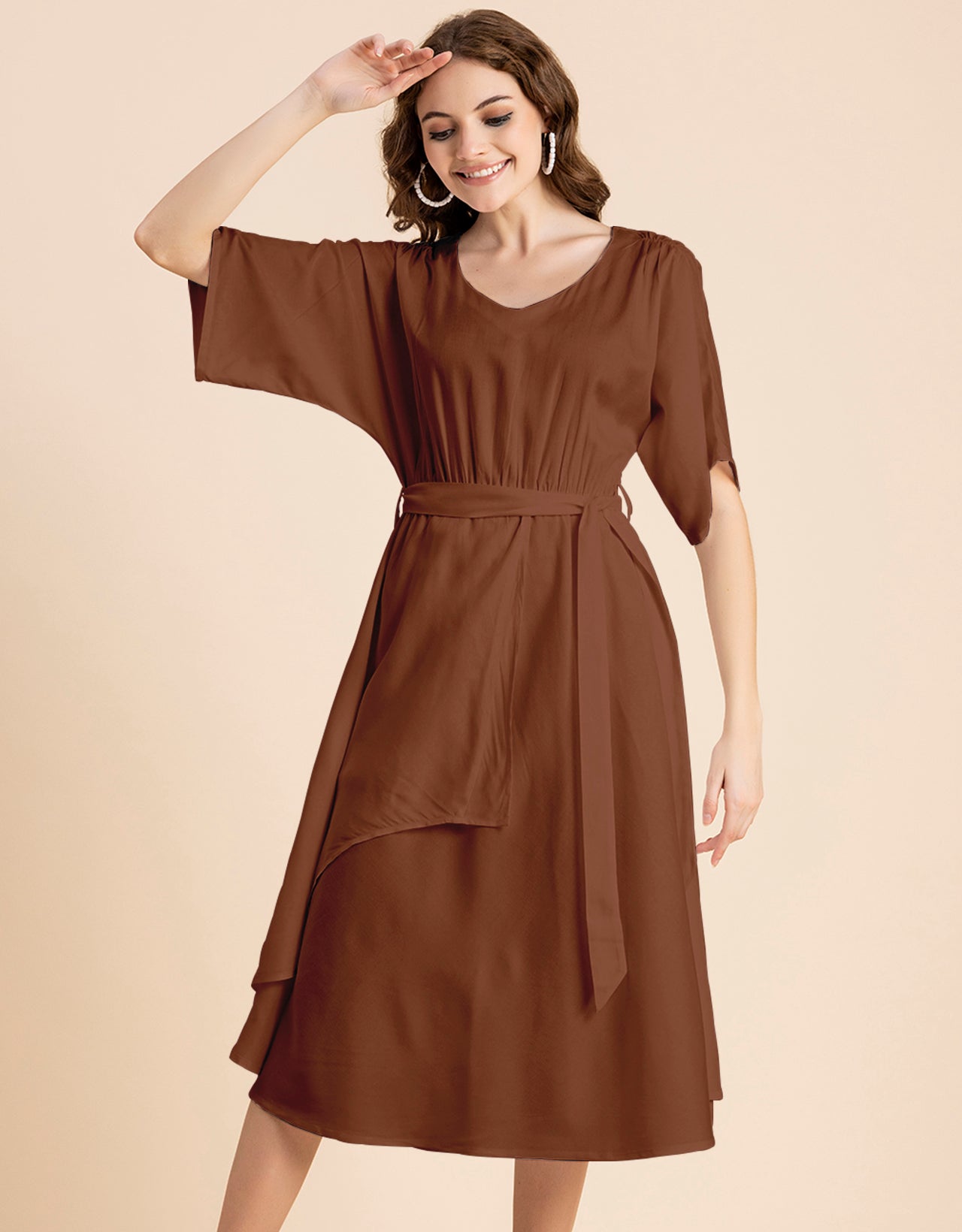 V Neck Solid Rayon Short Sleeve Maxi Dress