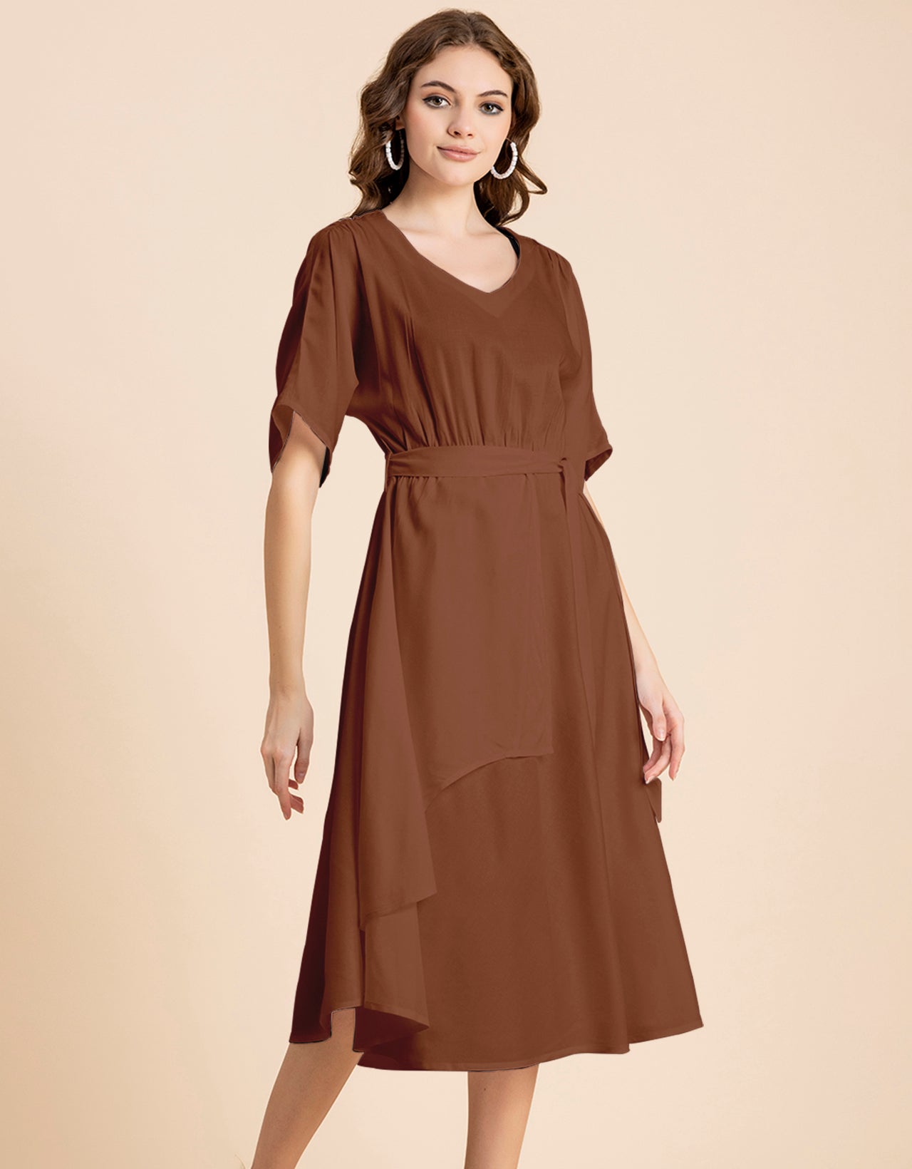V Neck Solid Rayon Short Sleeve Maxi Dress