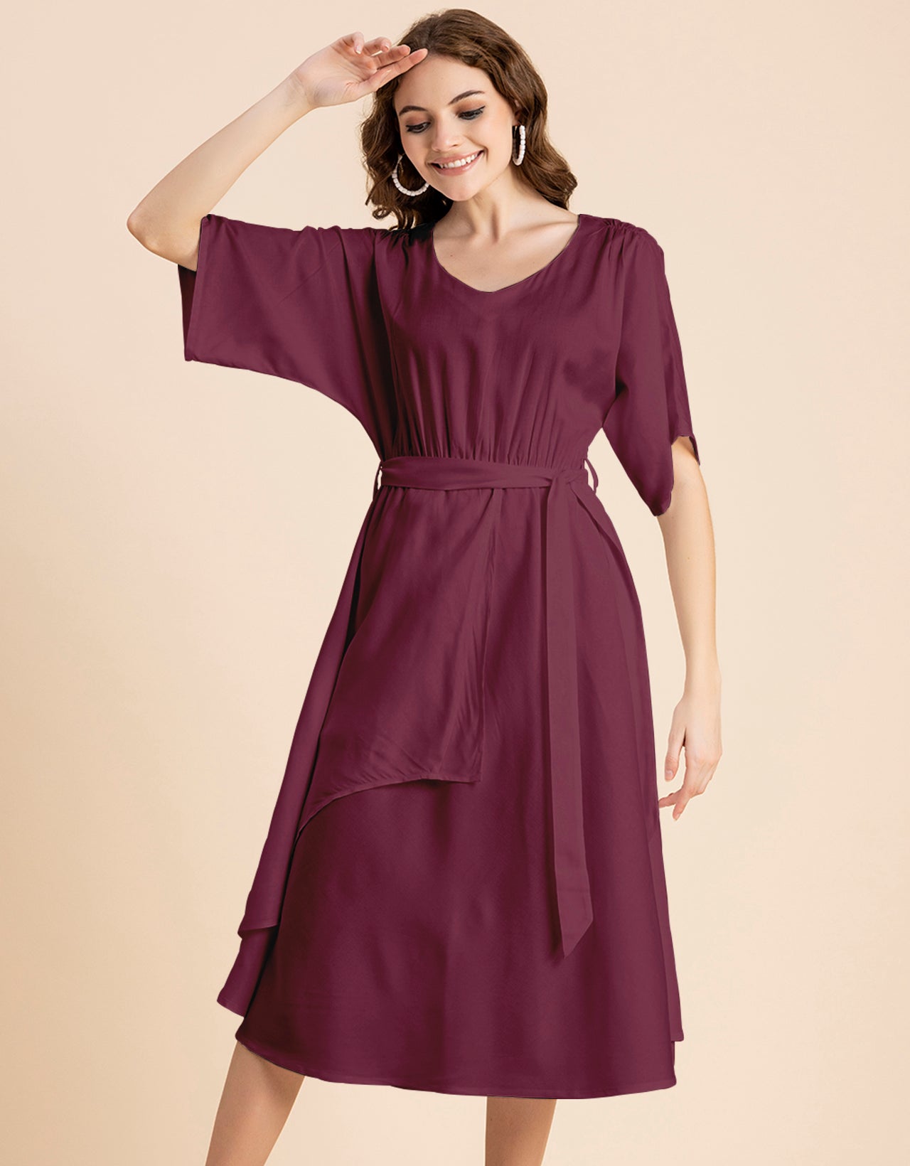 V Neck Solid Rayon Short Sleeve Maxi Dress