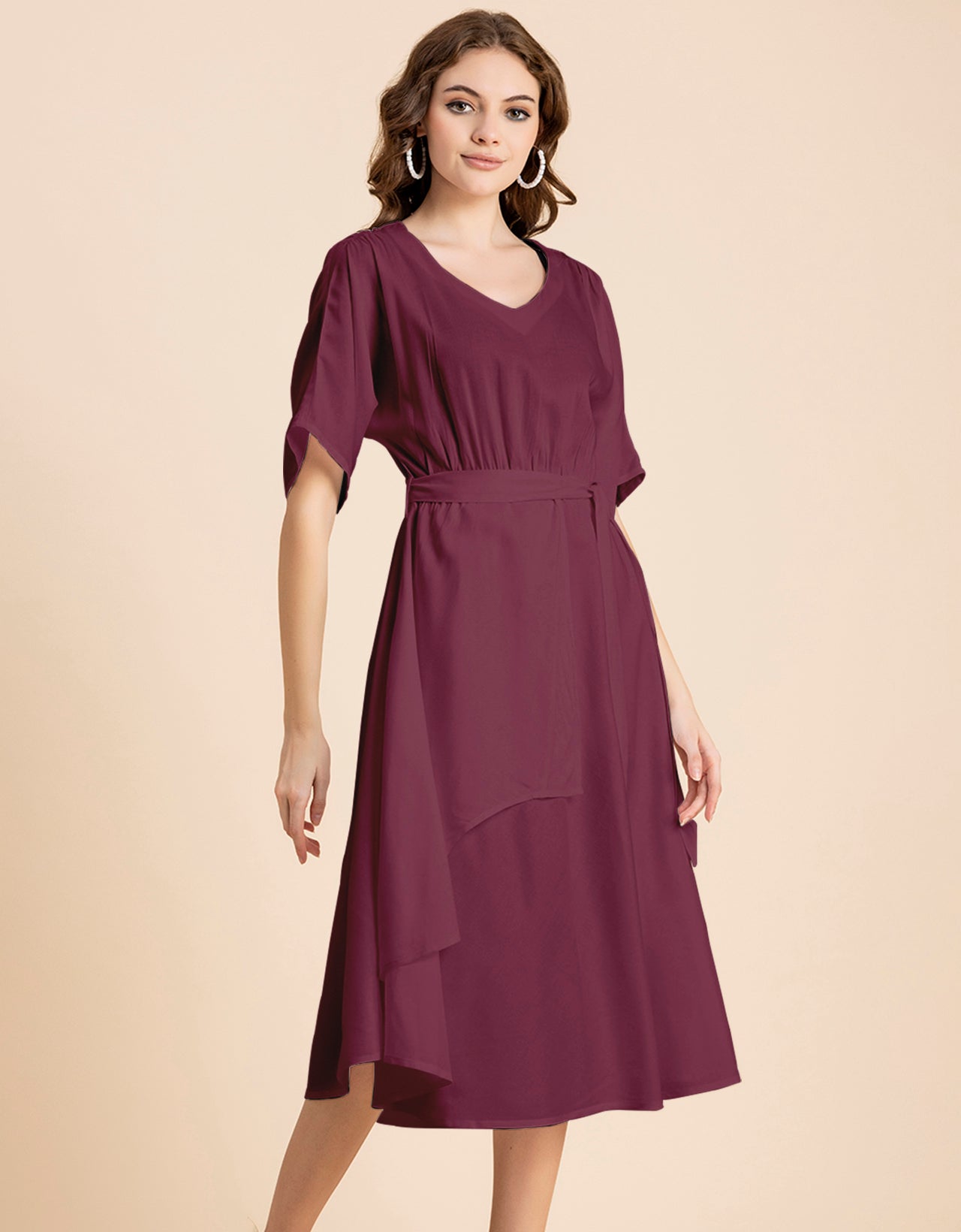 V Neck Solid Rayon Short Sleeve Maxi Dress