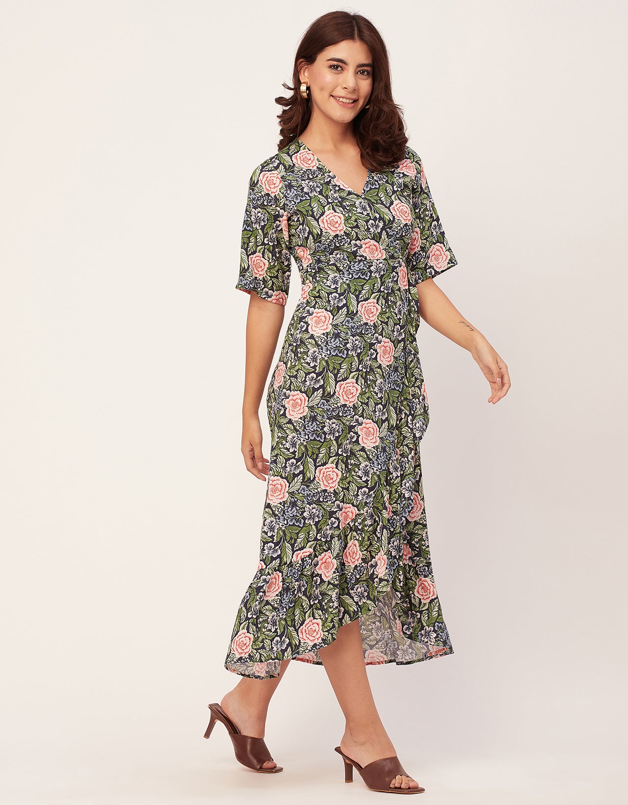 V Neck Printed Rayon quarter sleeve Wrap Dress