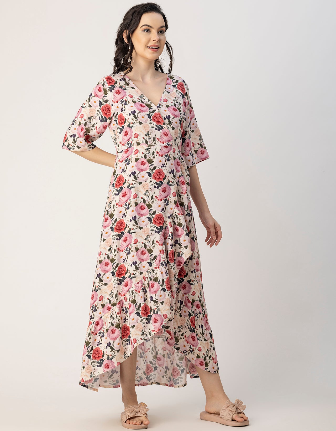 V Neck Printed Rayon quarter sleeve Wrap Dress