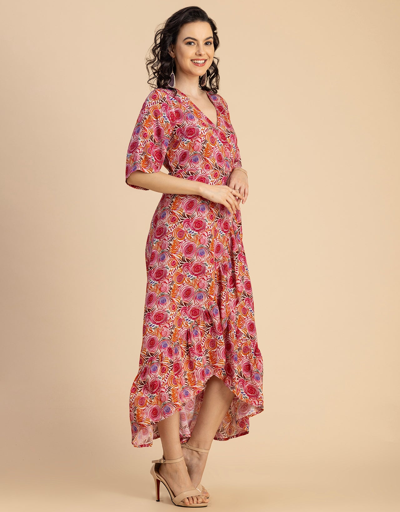 V Neck Printed Rayon quarter sleeve Wrap Dress