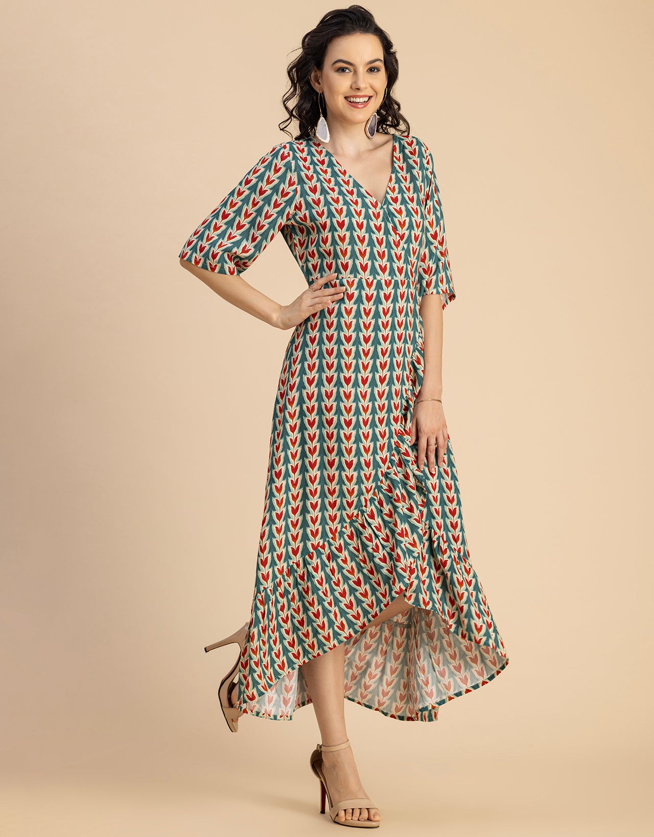V Neck Printed Rayon quarter sleeve Wrap Dress