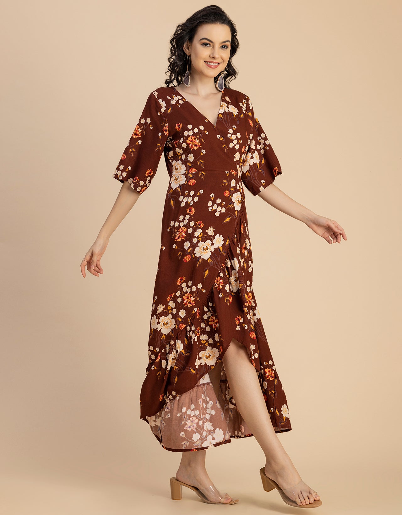 V Neck Printed Rayon quarter sleeve Wrap Dress
