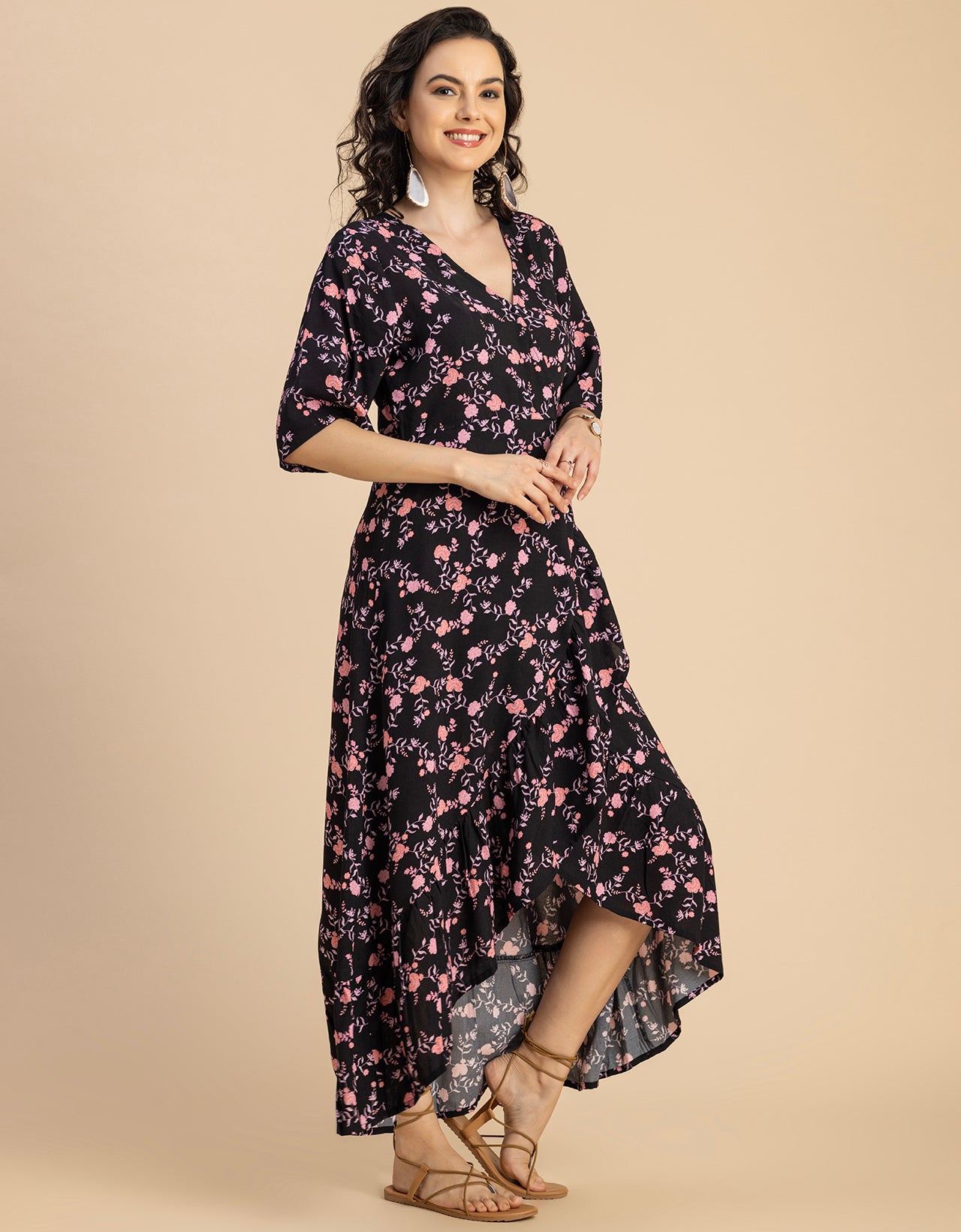V Neck Printed Rayon quarter sleeve Wrap Dress