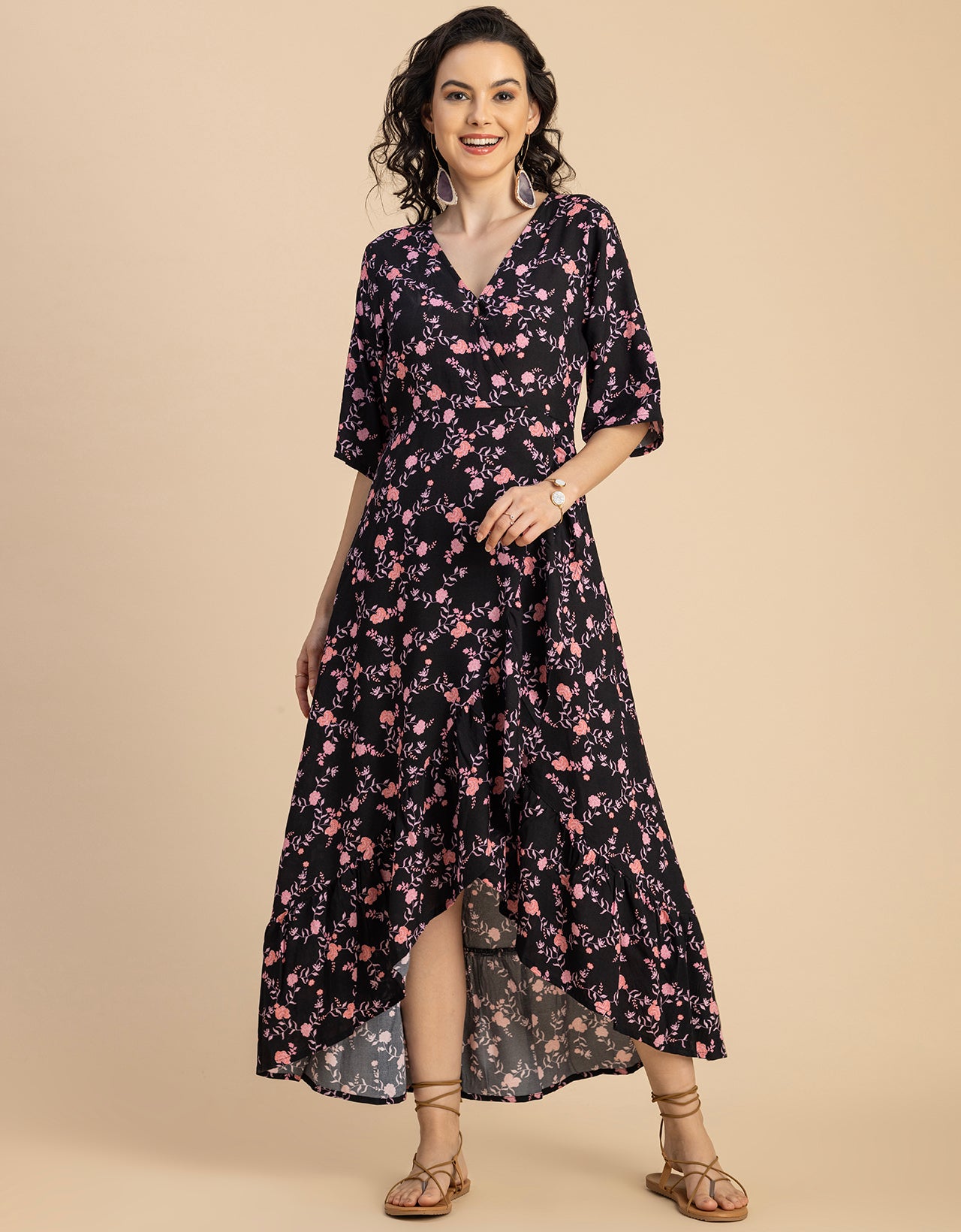 V Neck Printed Rayon quarter sleeve Wrap Dress