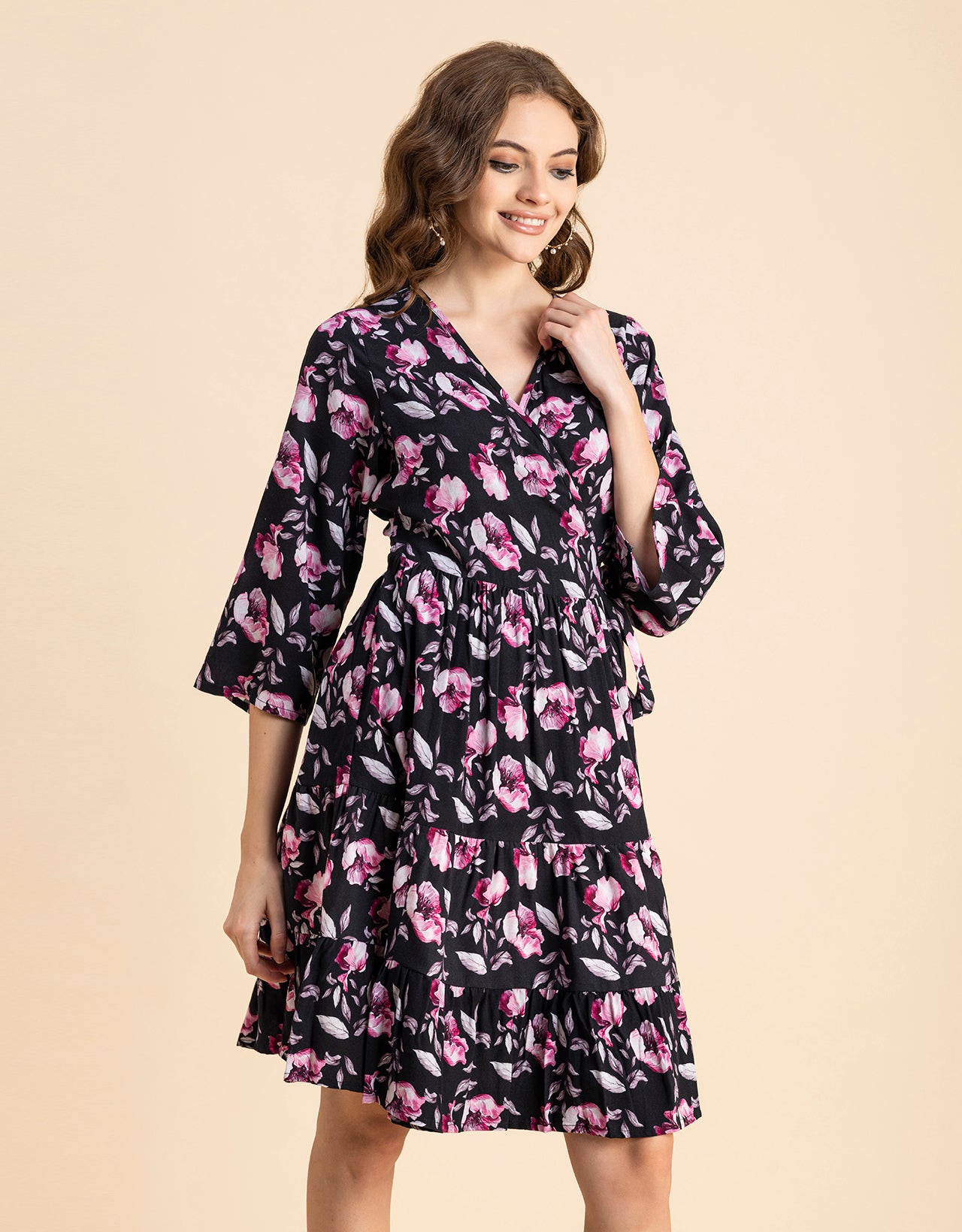 V Neck Printed Rayon quarter sleeve Wrap Dress