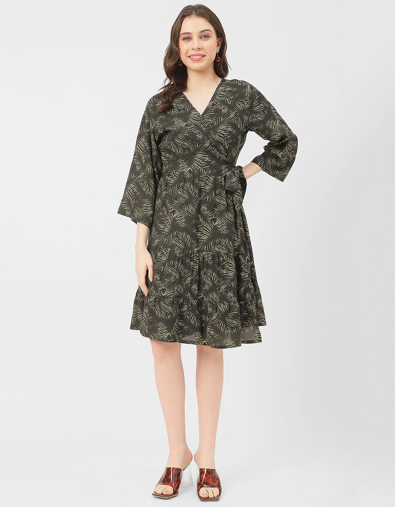 V Neck Printed Rayon quarter sleeve Wrap Dress