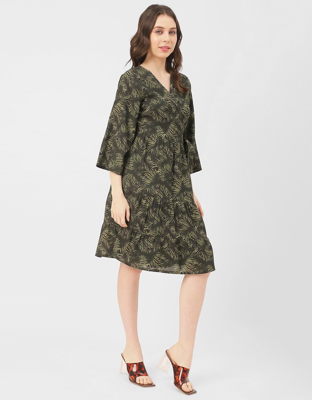 V Neck Printed Rayon quarter sleeve Wrap Dress