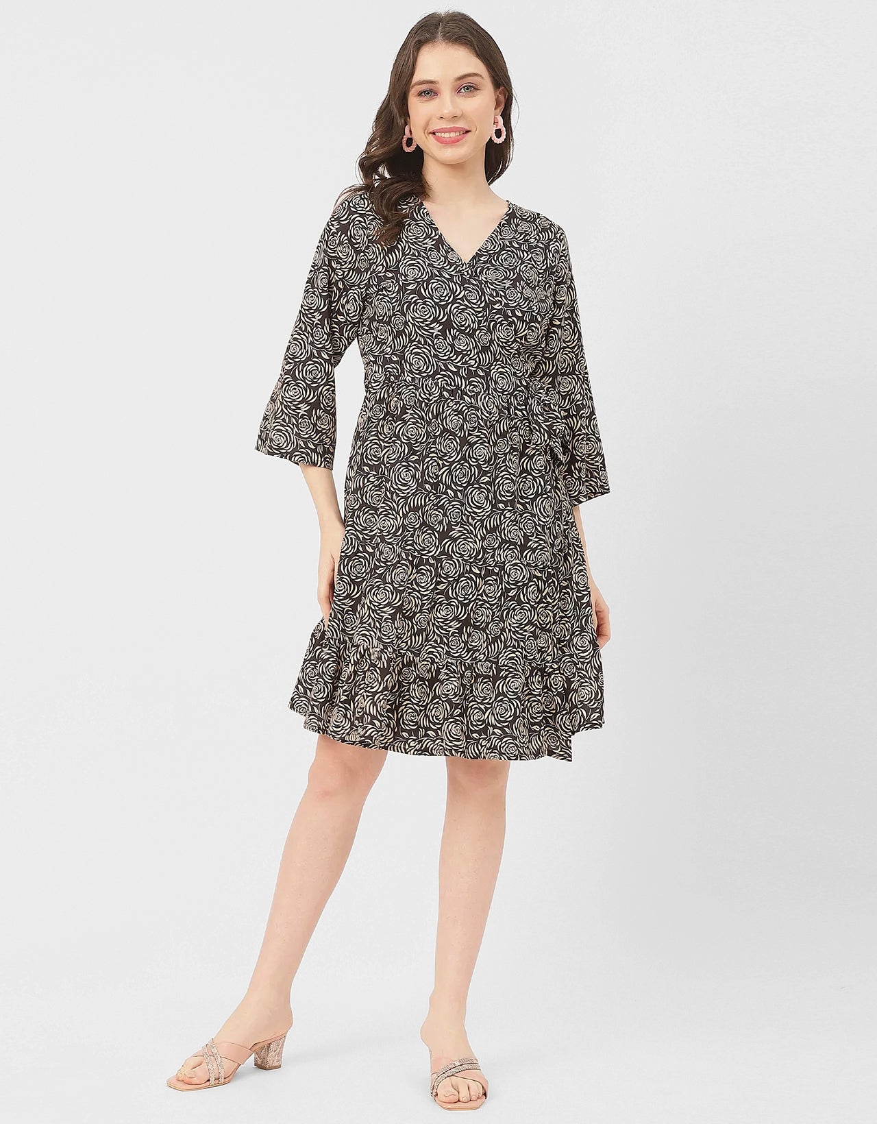 V Neck Printed Rayon quarter sleeve Wrap Dress