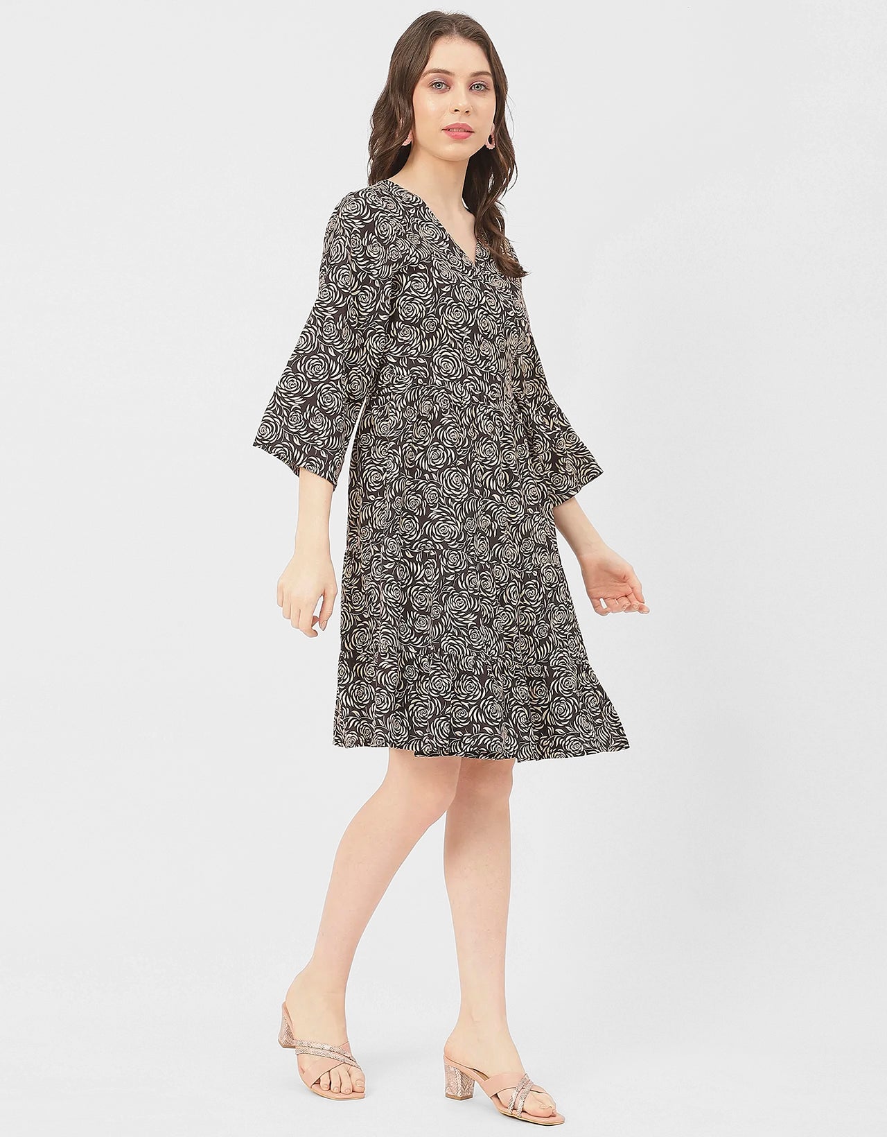 V Neck Printed Rayon quarter sleeve Wrap Dress