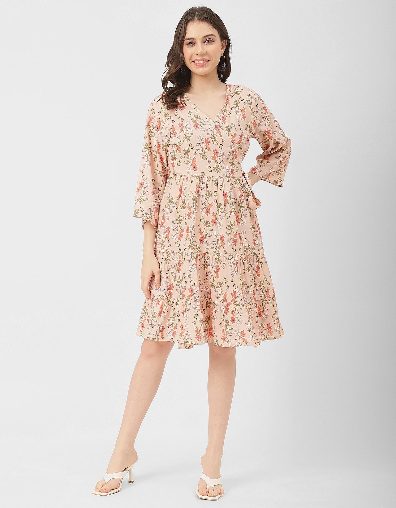V Neck Printed Rayon quarter sleeve Wrap Dress