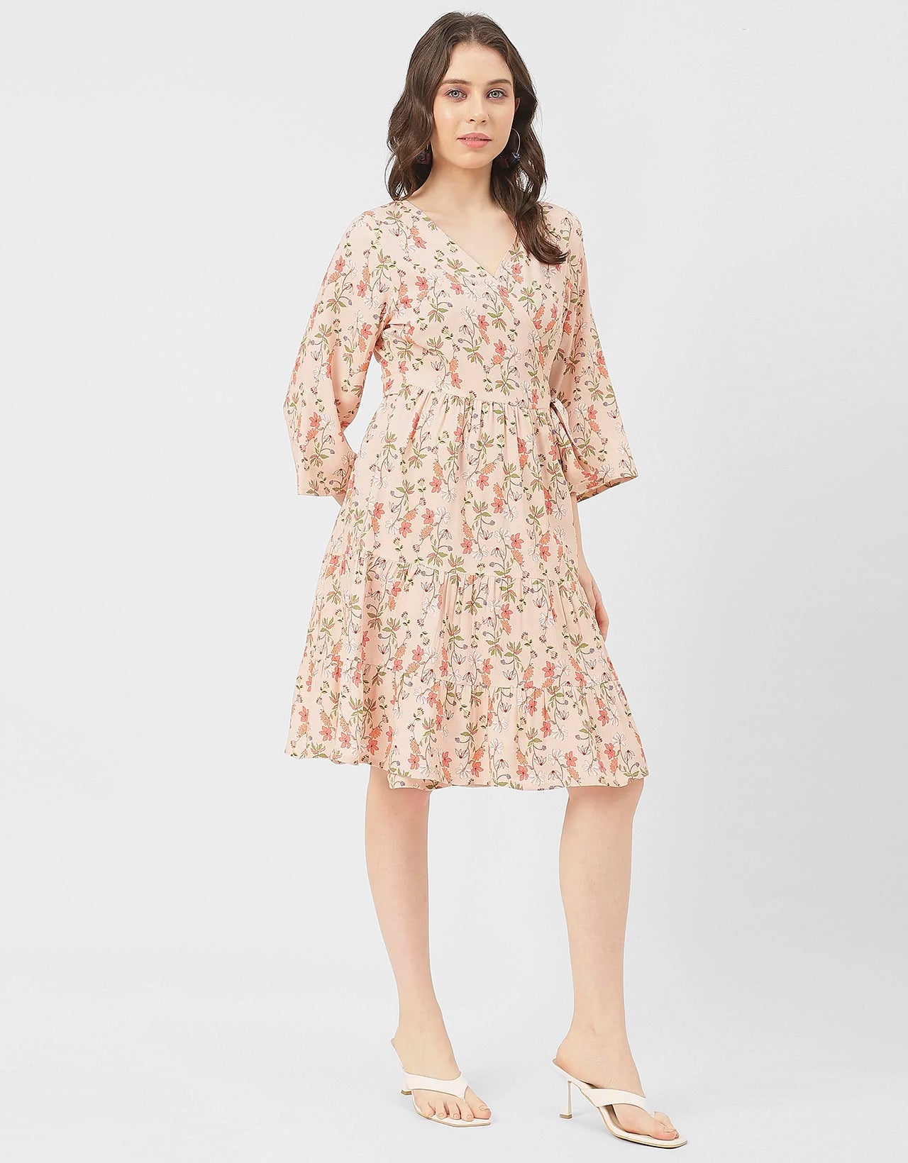 V Neck Printed Rayon quarter sleeve Wrap Dress