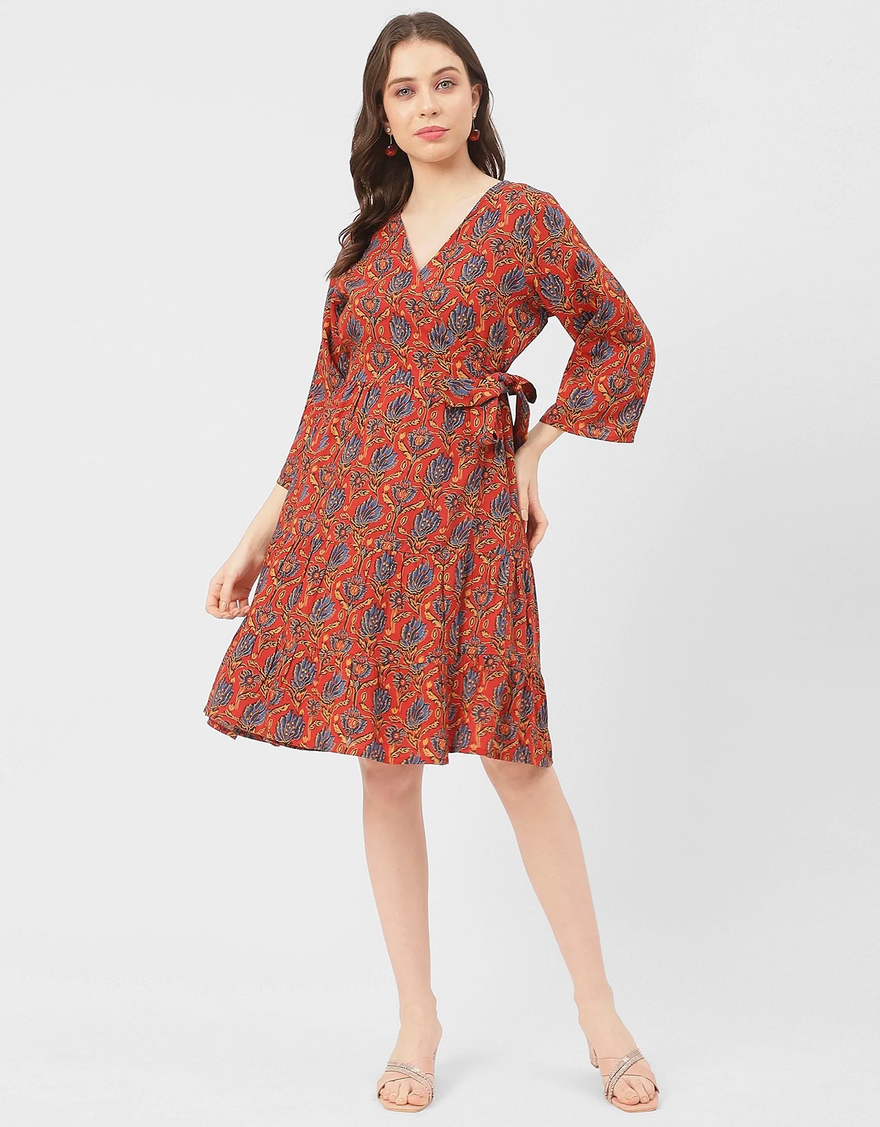 V Neck Printed Rayon quarter sleeve Wrap Dress