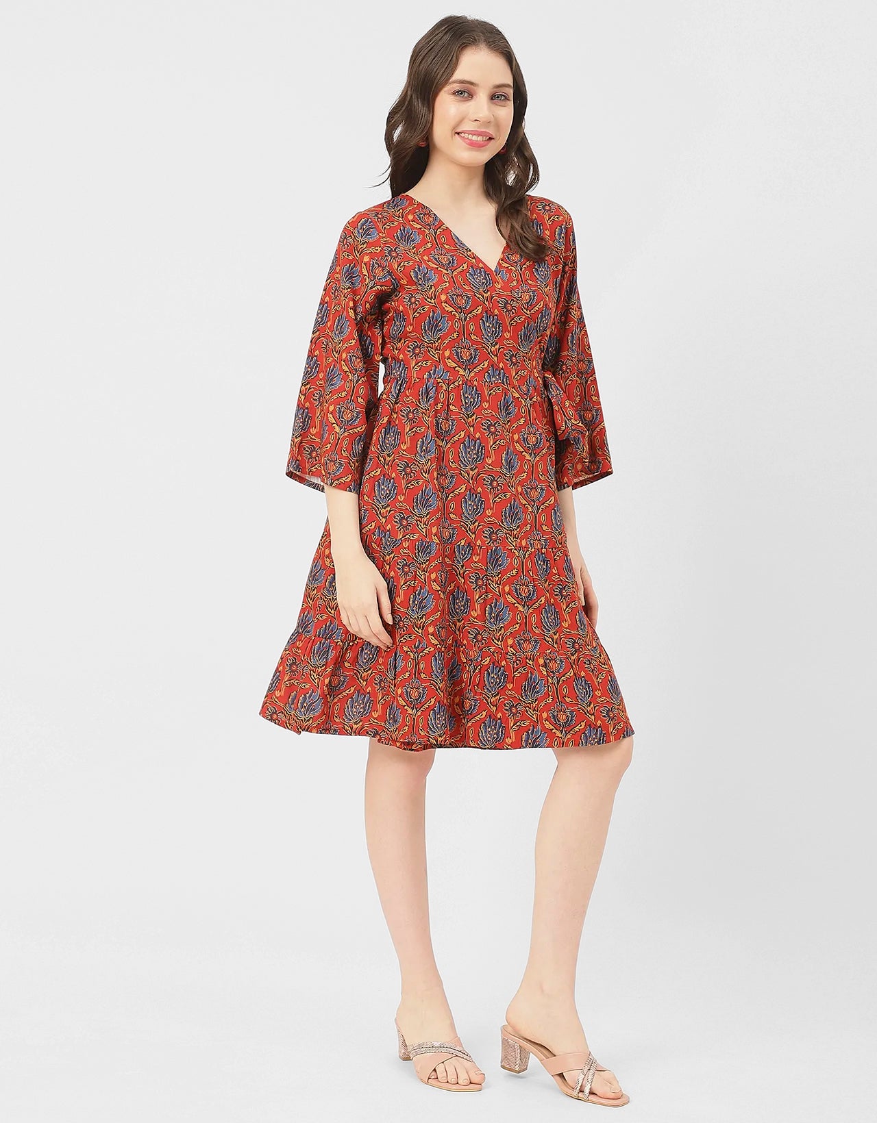 V Neck Printed Rayon quarter sleeve Wrap Dress