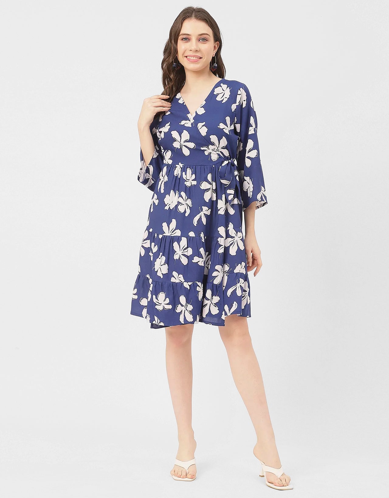 V Neck Printed Rayon quarter sleeve Wrap Dress