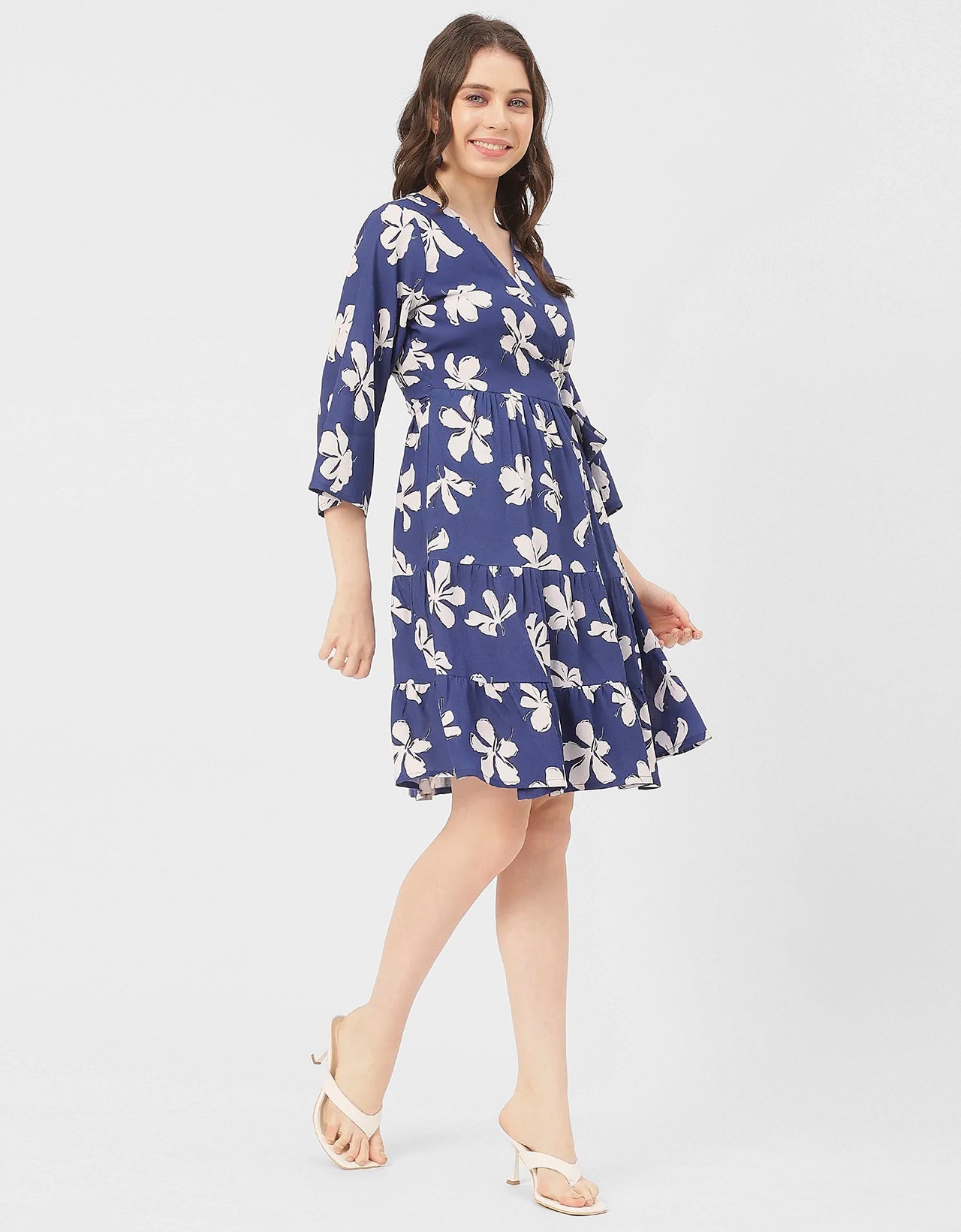 V Neck Printed Rayon quarter sleeve Wrap Dress