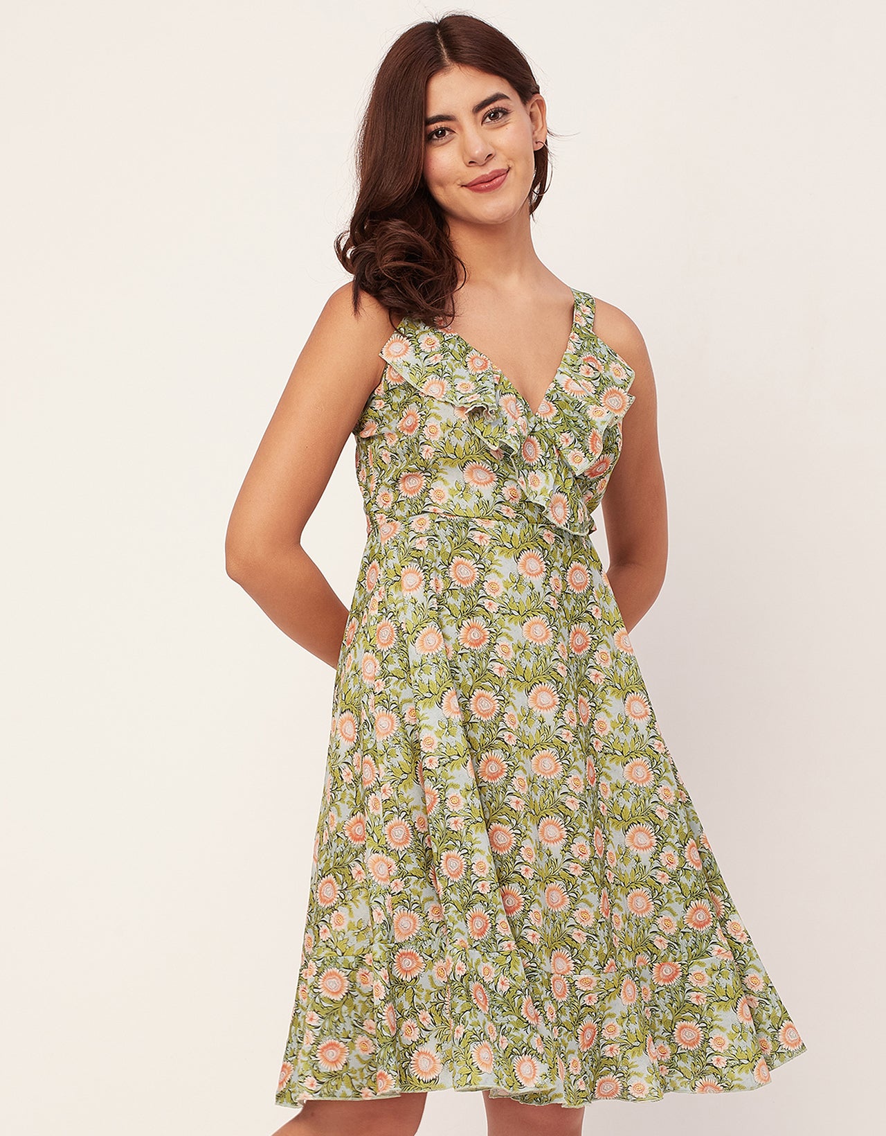 V Neck Sleeveless Printed Georgette Dress